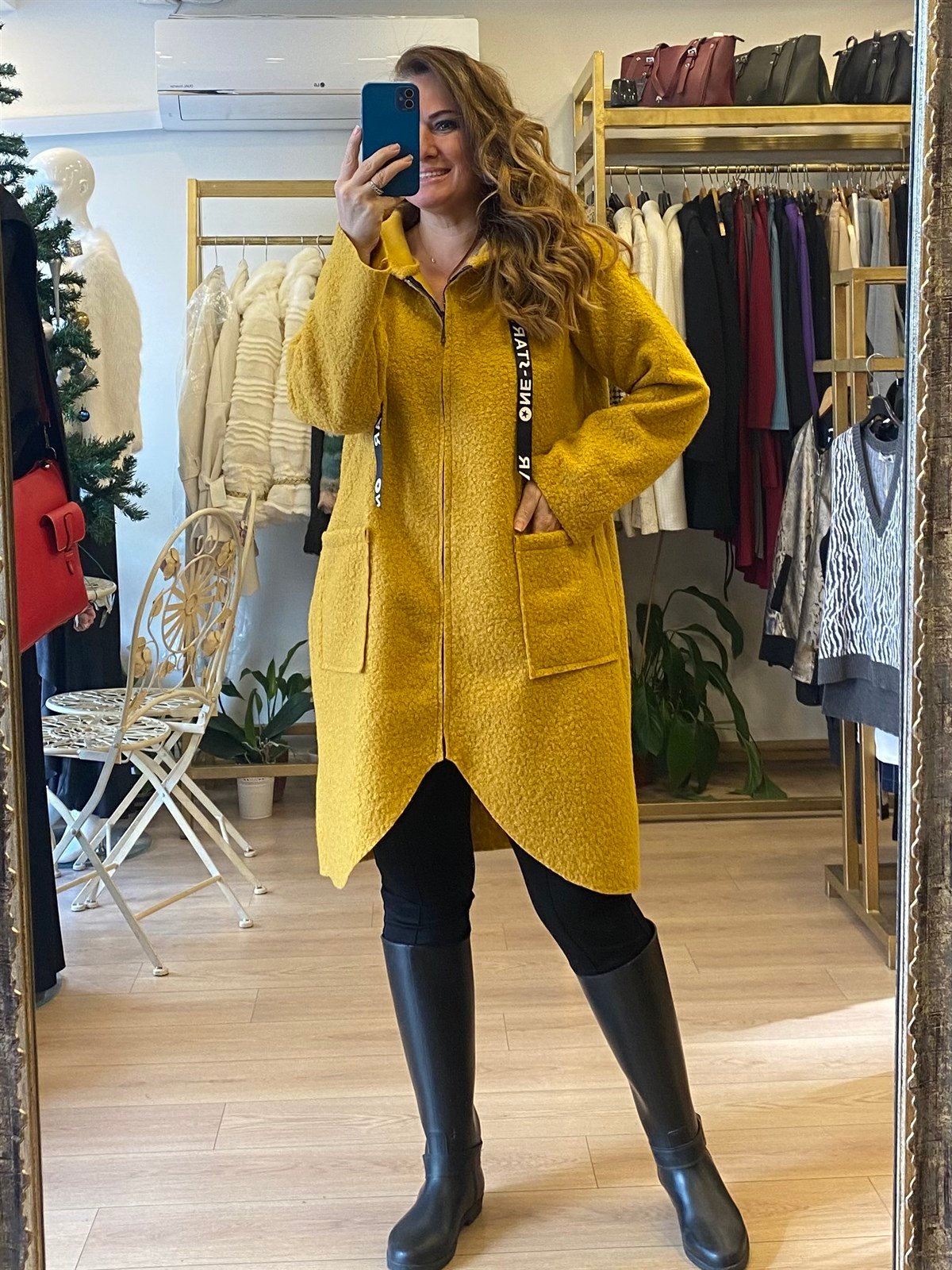 Kapüşonlu Buklet Ceket Hardal