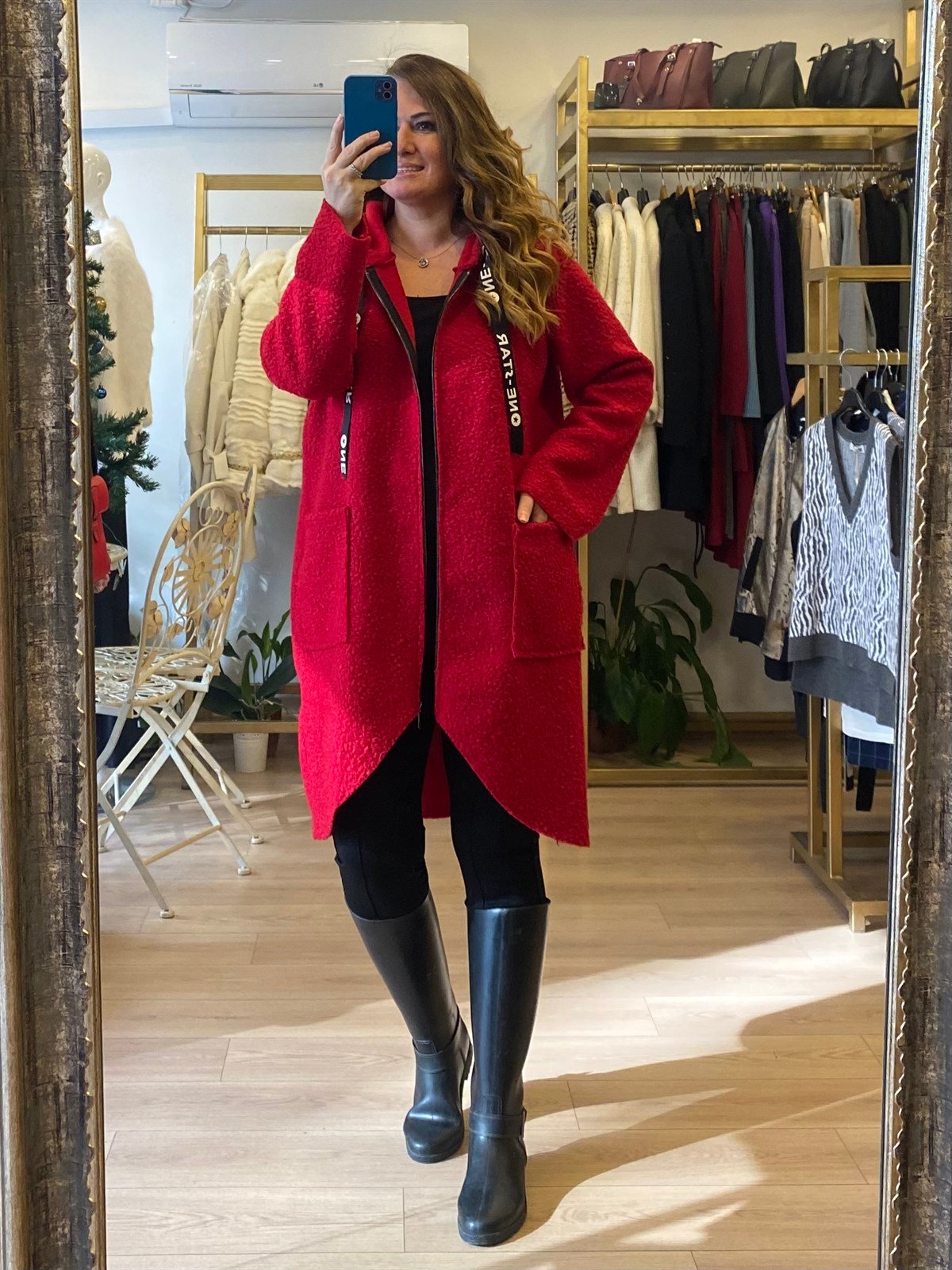 Kapüşonlu Buklet Ceket Kırmızı