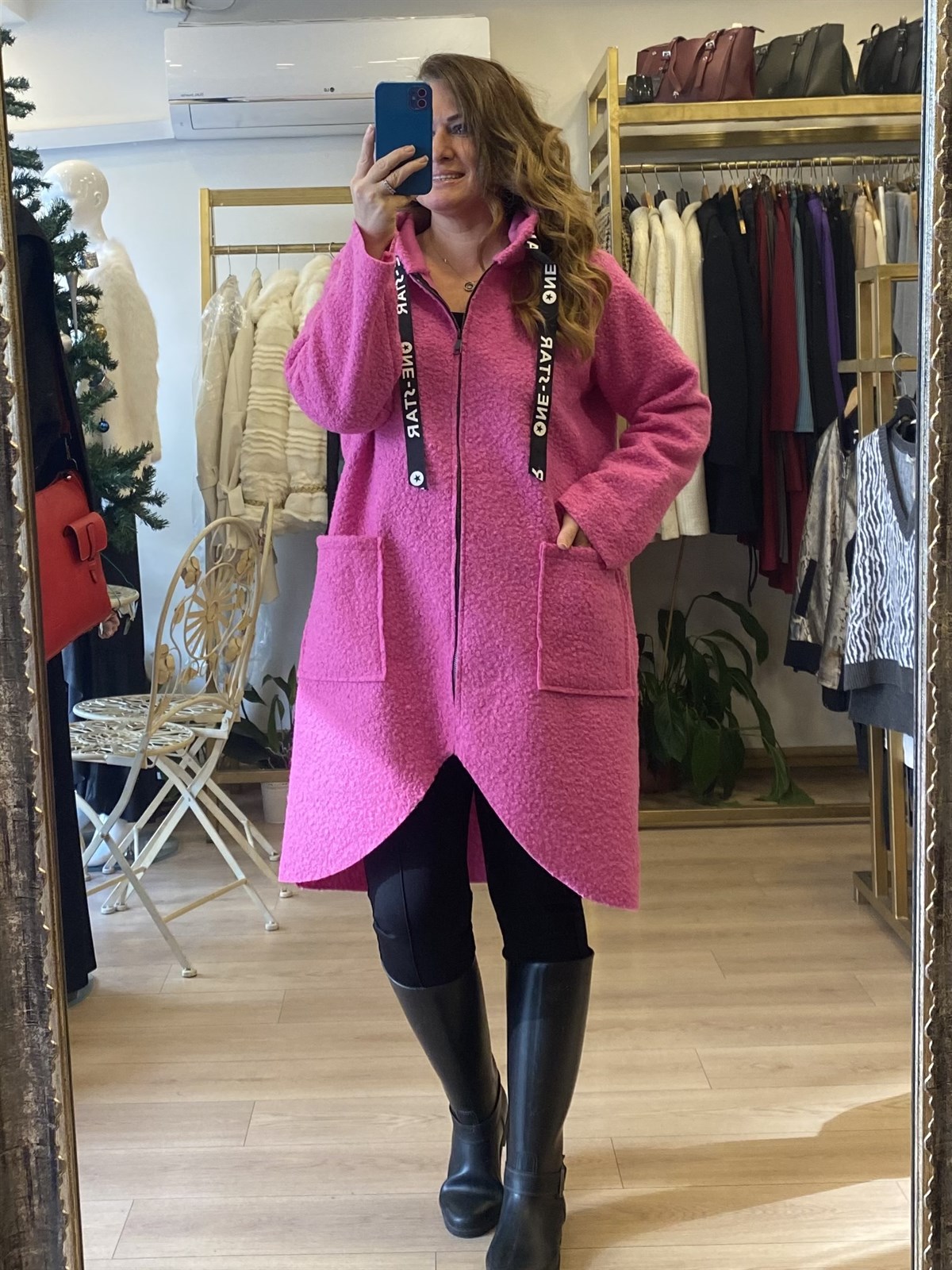 Kapüşonlu Buklet Ceket Pembe