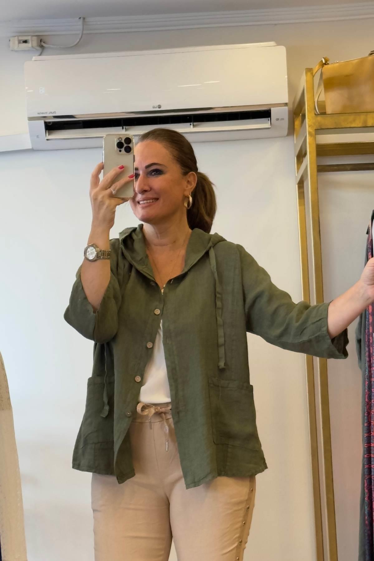 Kapüşonlu Düğmeli Keten Ceket Haki Yeşil