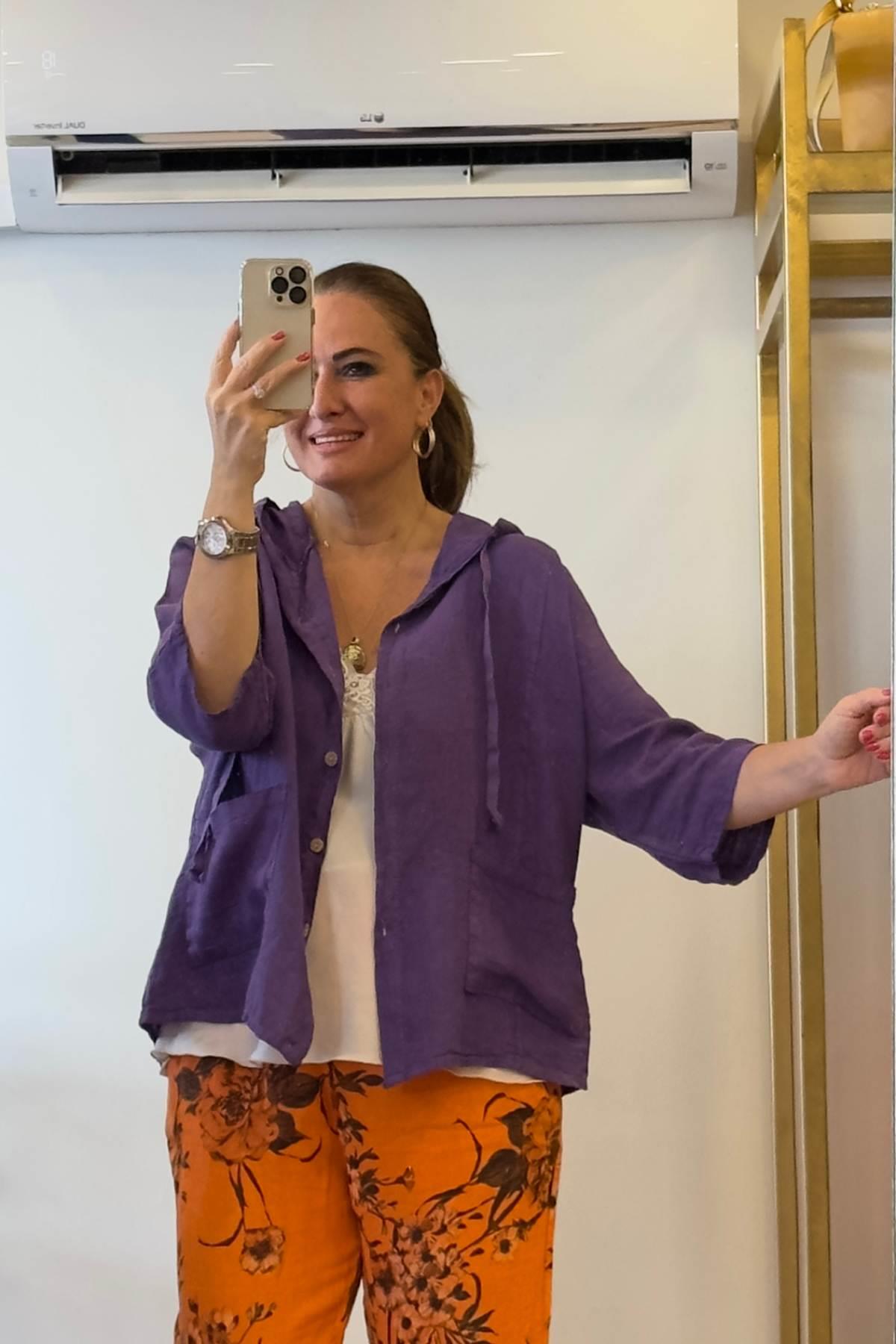 Kapüşonlu Düğmeli Keten Ceket Mor