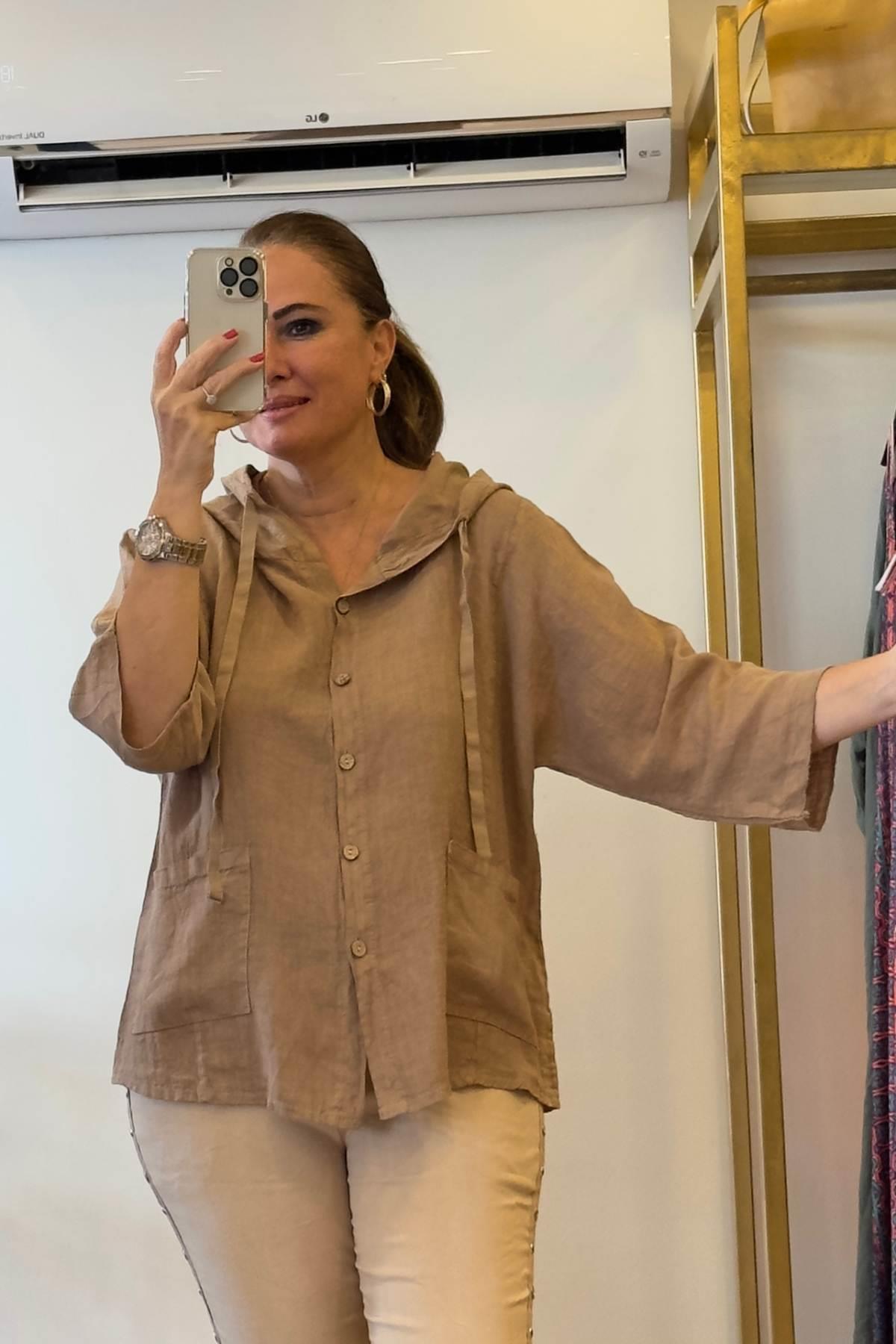 Kapüşonlu Düğmeli Keten Ceket Sütlü Kahve