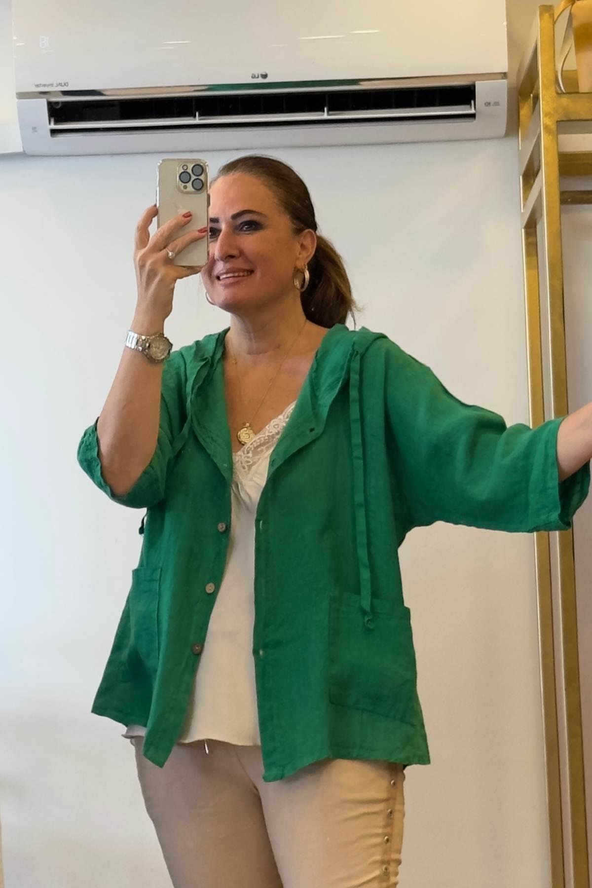 Kapüşonlu Düğmeli Keten Ceket Yeşil