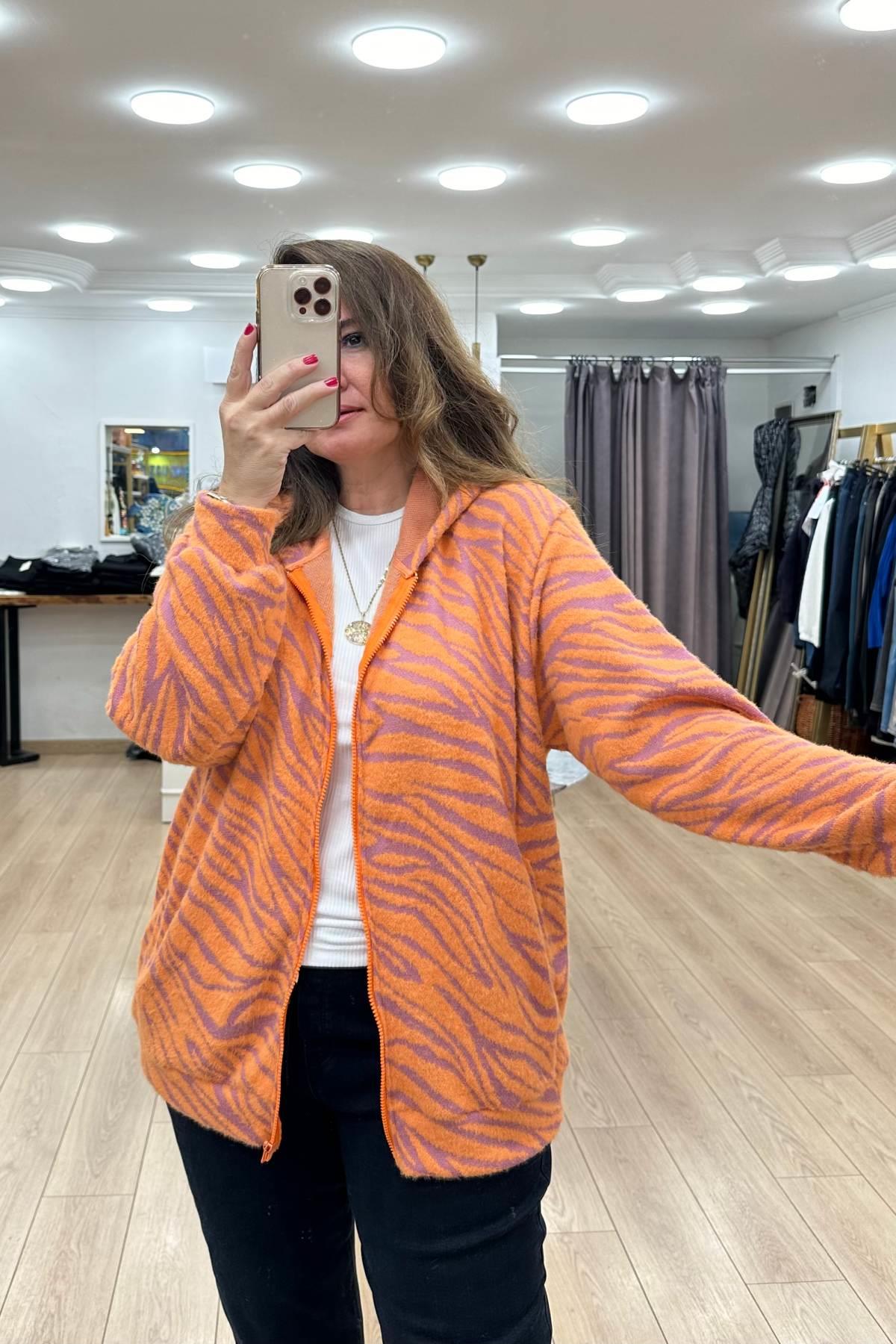 Kapüşonlu Fermuarlı Ceket Turuncu