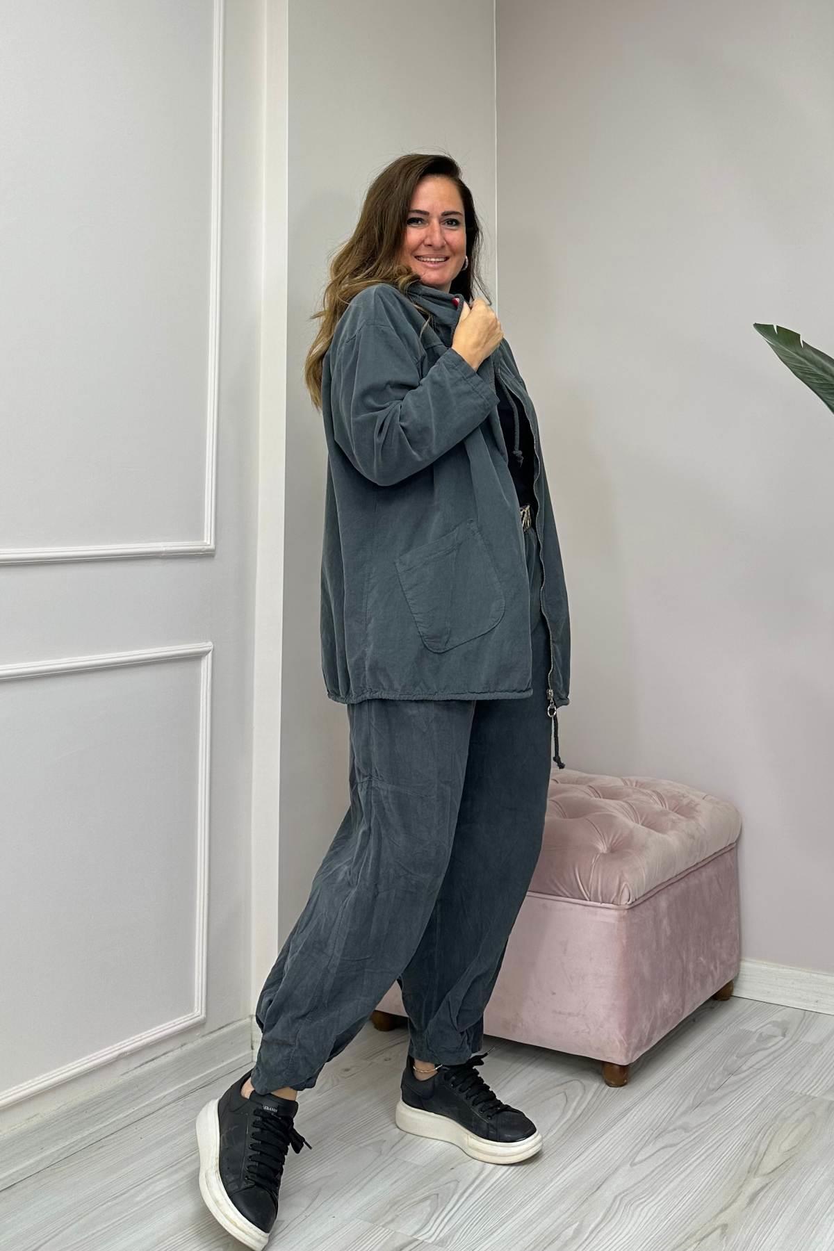 Kapüşonlu Kadife Uzun Ceket Füme