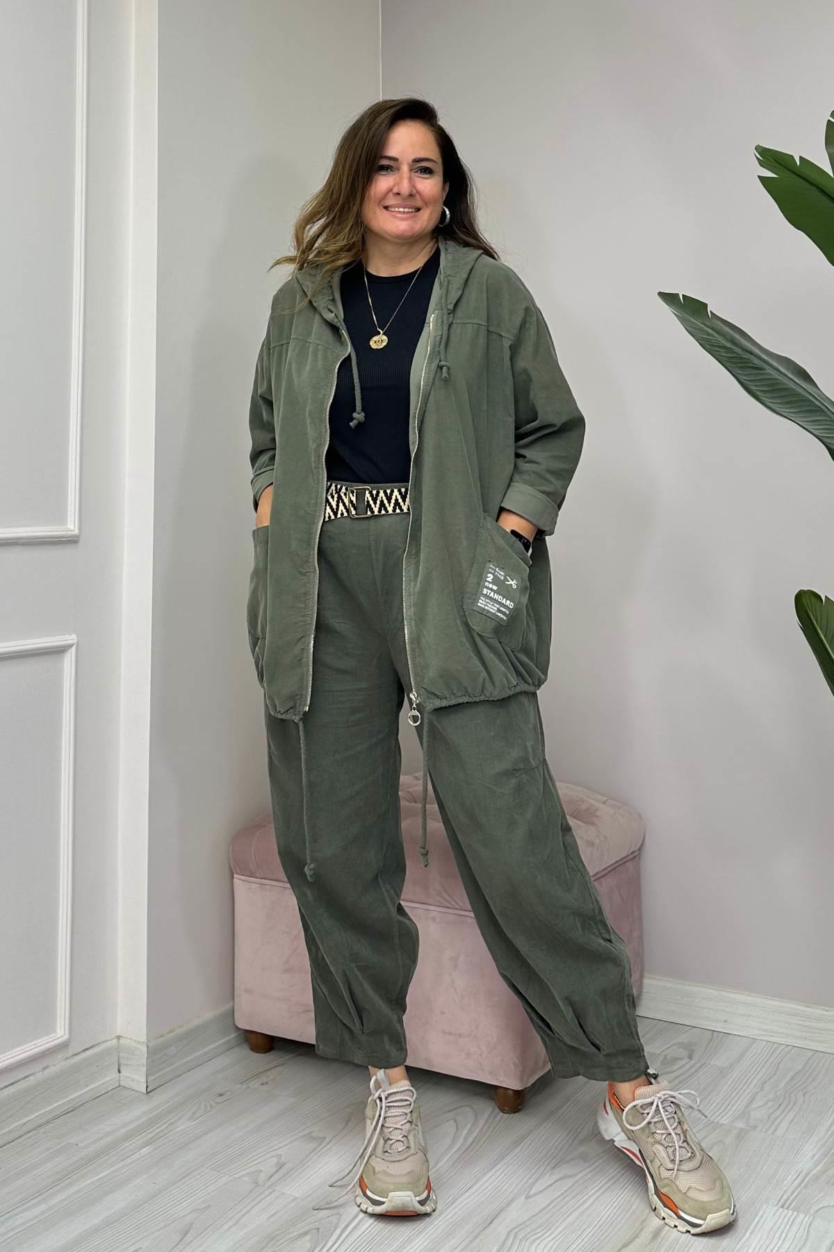 Kapüşonlu Kadife Uzun Ceket Yeşil