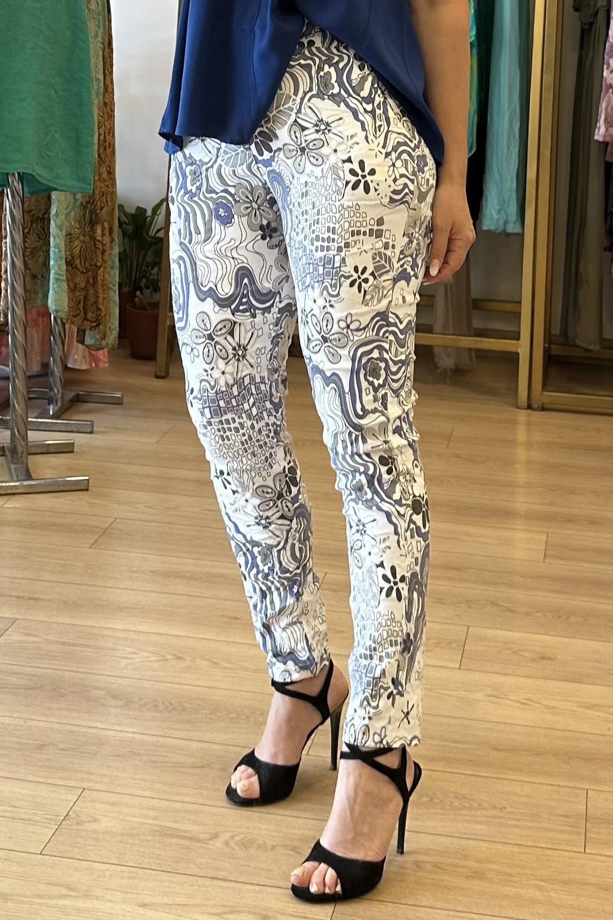 Karışık Desenli Full Licralı Yüksek Bel Pantolon Beyaz