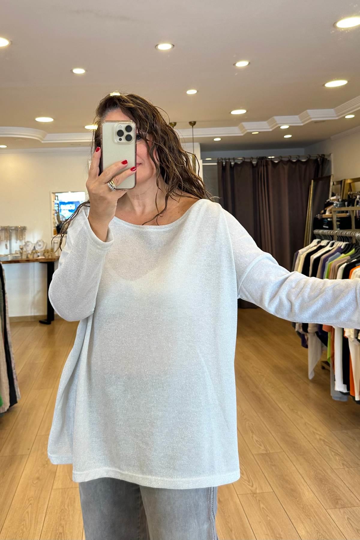 Kayık Yaka Simli Triko Bluz Gri