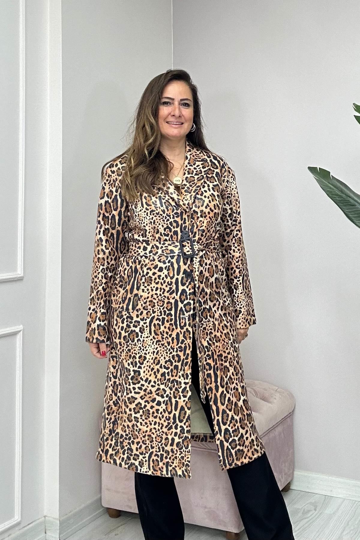 Kendinden Desenli Bel Kemerli Trençkot Kahverengi