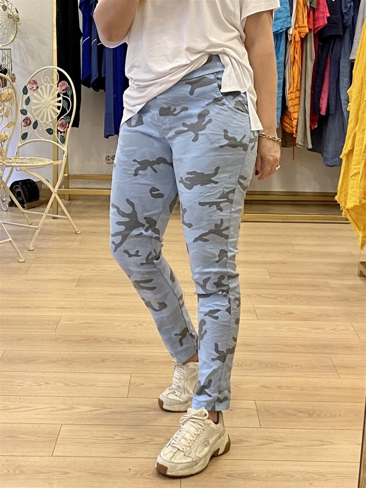 Kendinden desenli full likralı pantolon mavi