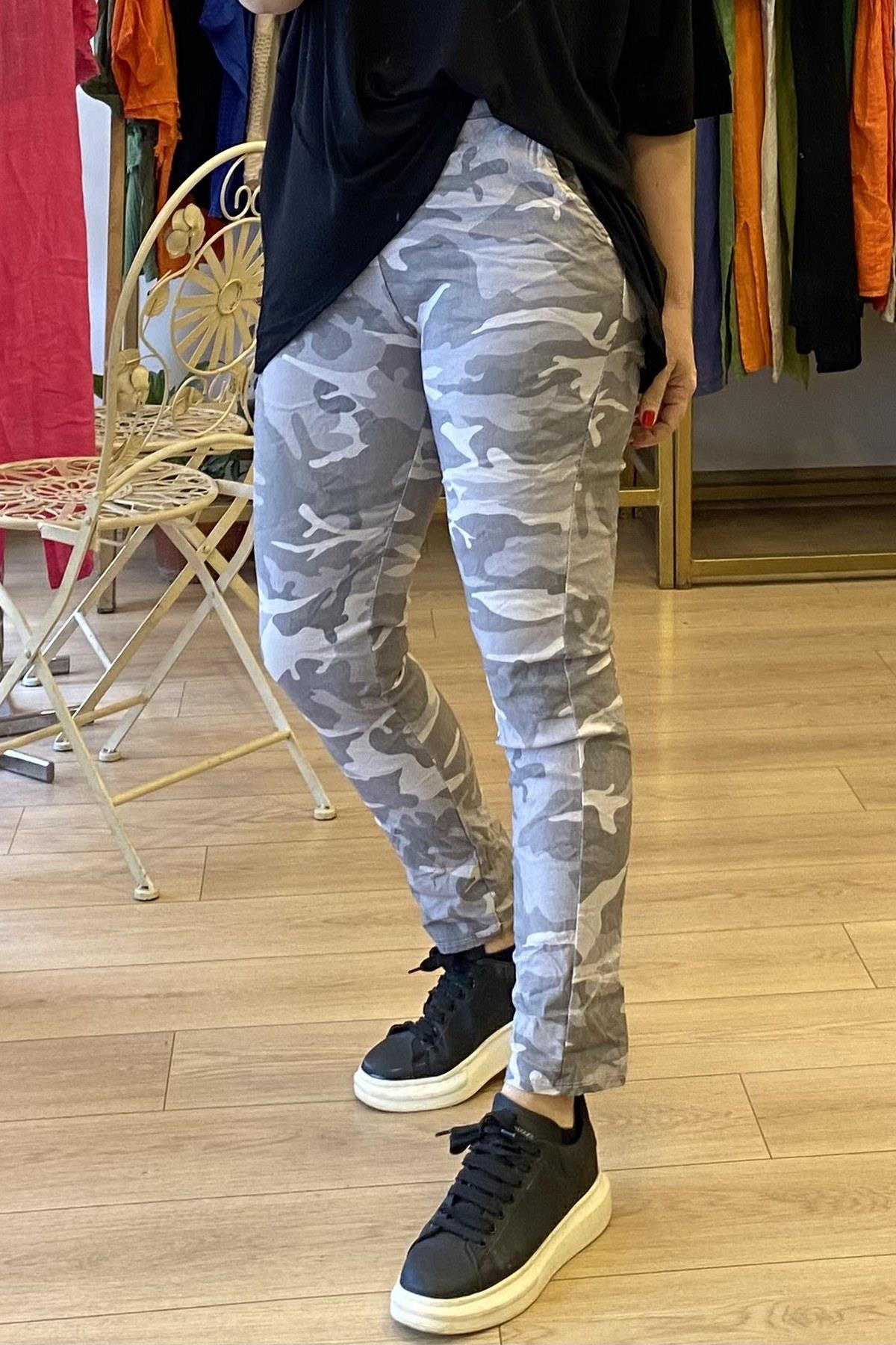 Kendinden Desenli Full Likralı Pantolon Gri