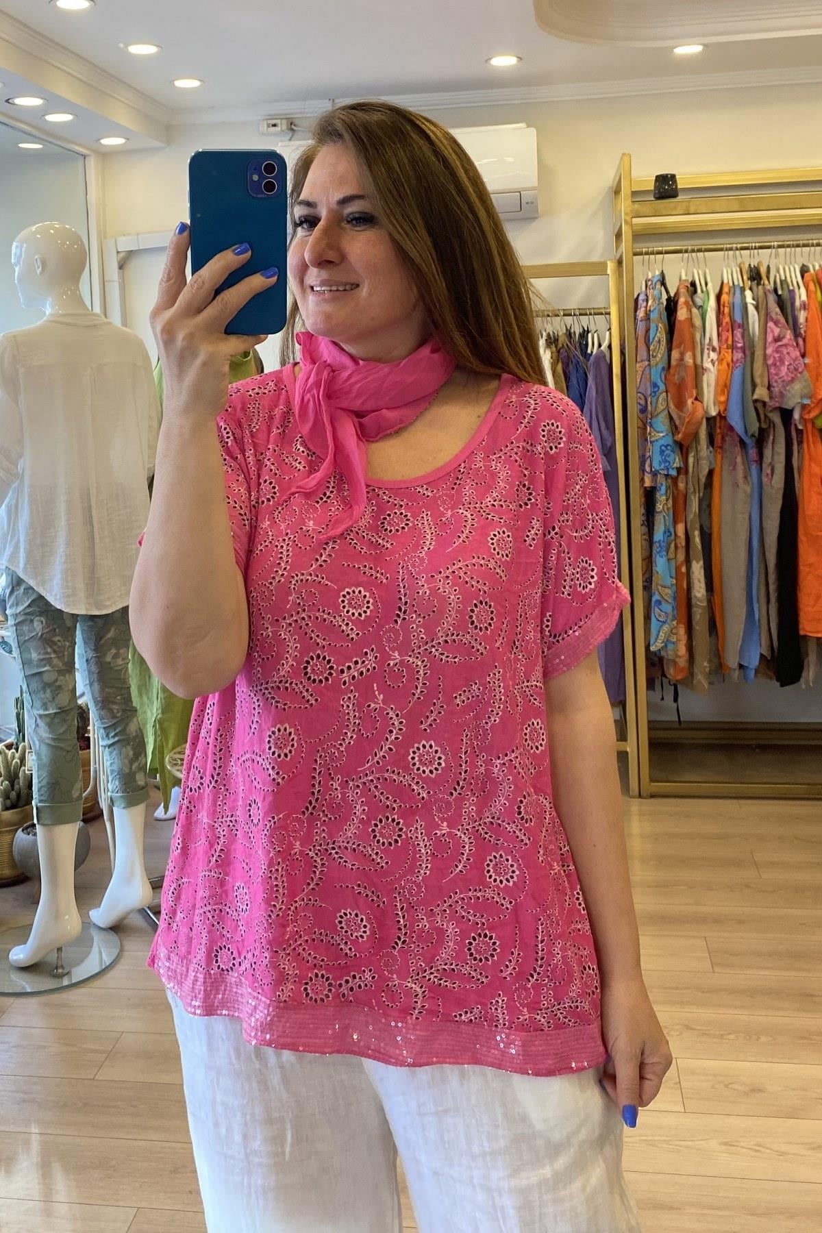Kendinden Fularlı Etek Ucu Ve Kol Ucu Pul İşleme Detaylı Triko Pembe