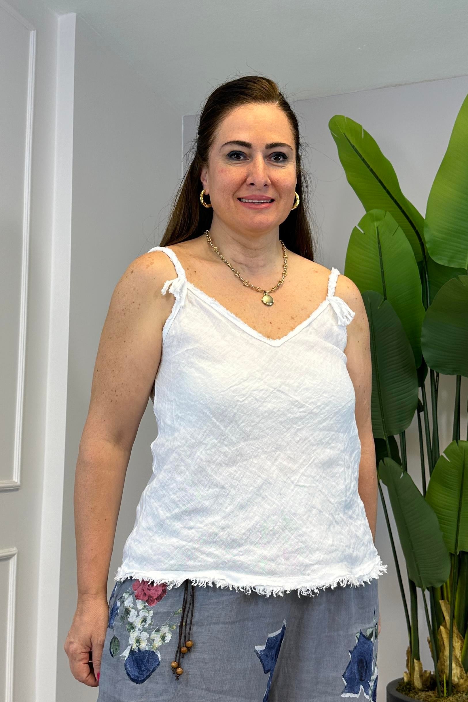Keten Askılı Bluz Beyaz
