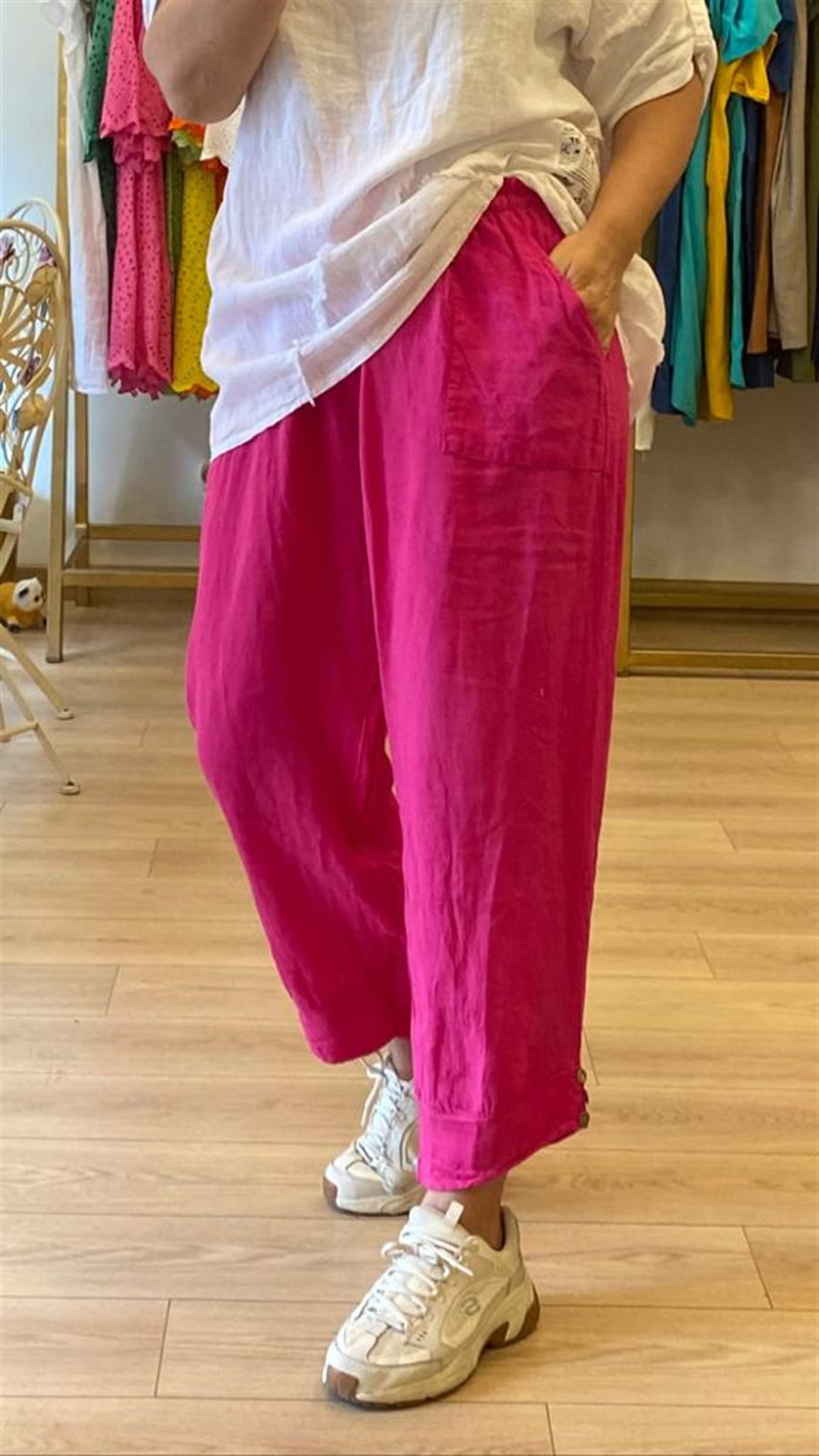 Keten Kumaş Paça Düğme Detaylı Pantolon