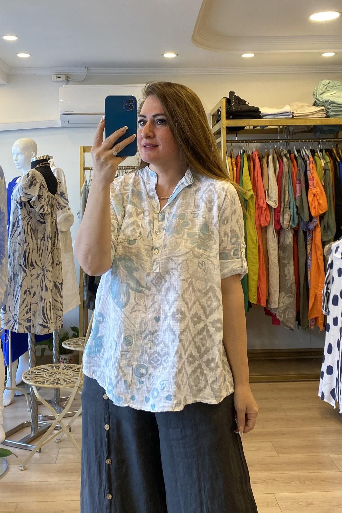 Kilim Desenli Gömlek Beyaz
