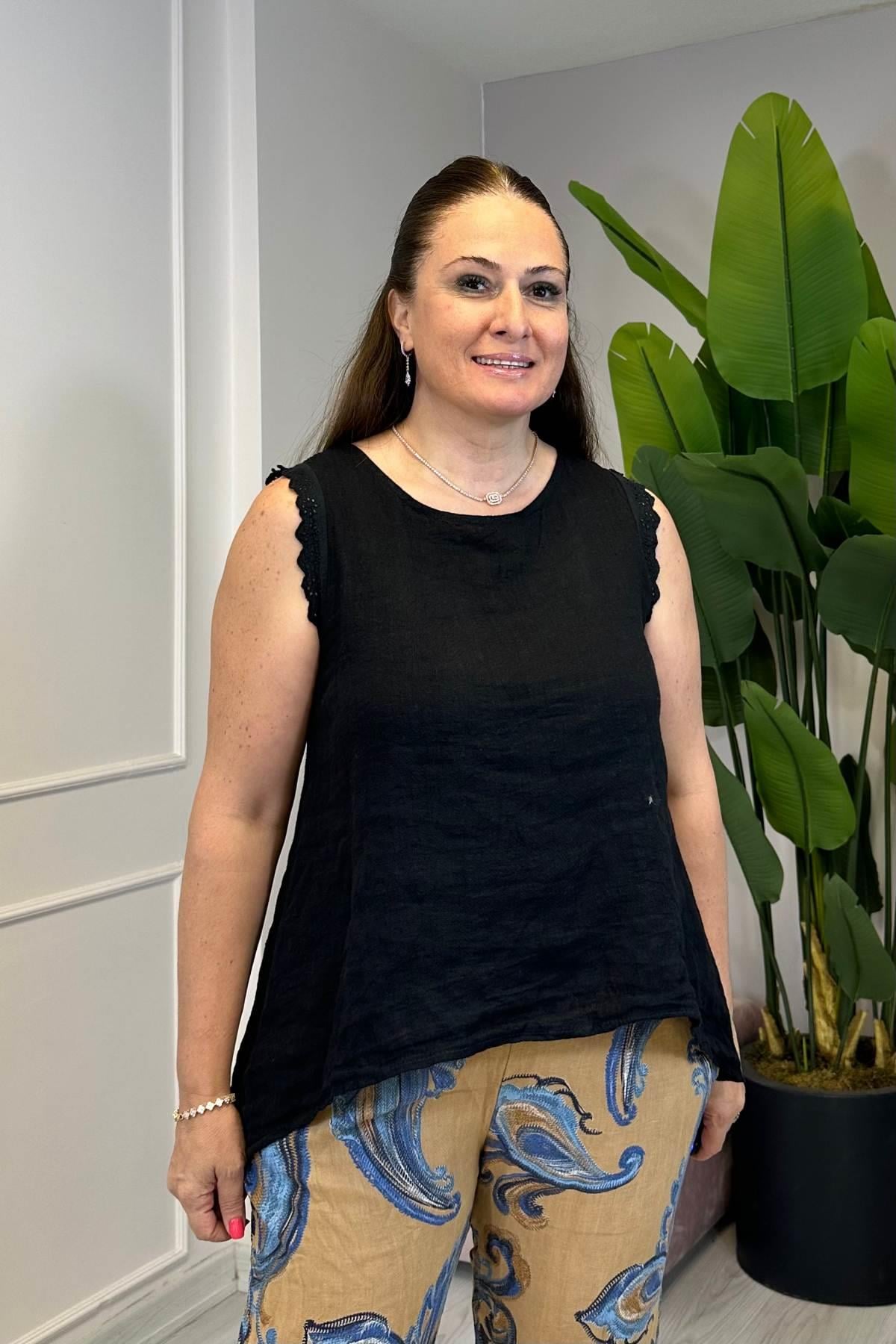 Kolsuz Fisto Detaylı Arka Yırtmaçlı Keten İthal Bluz Siyah