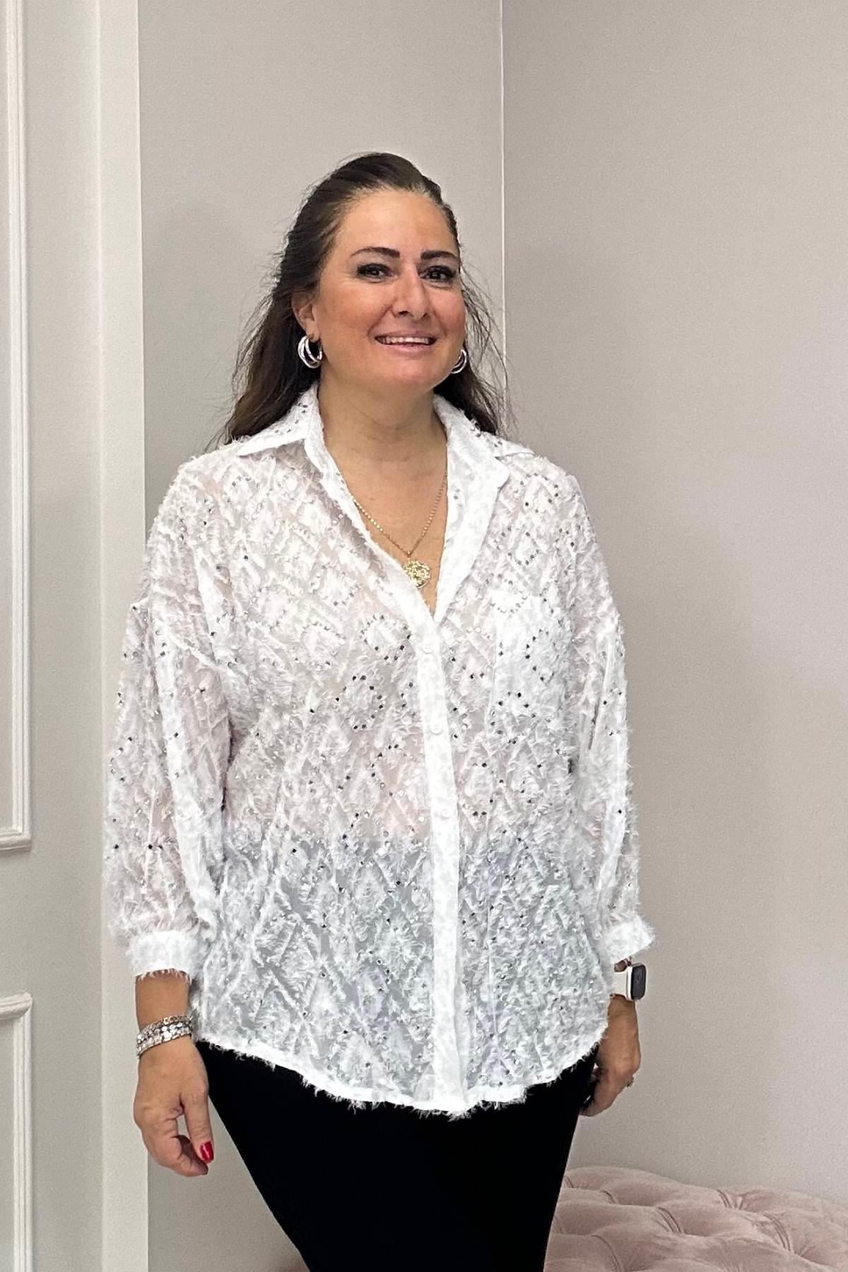 Kristal Taş Ve İp Detaylı Gömlek Beyaz