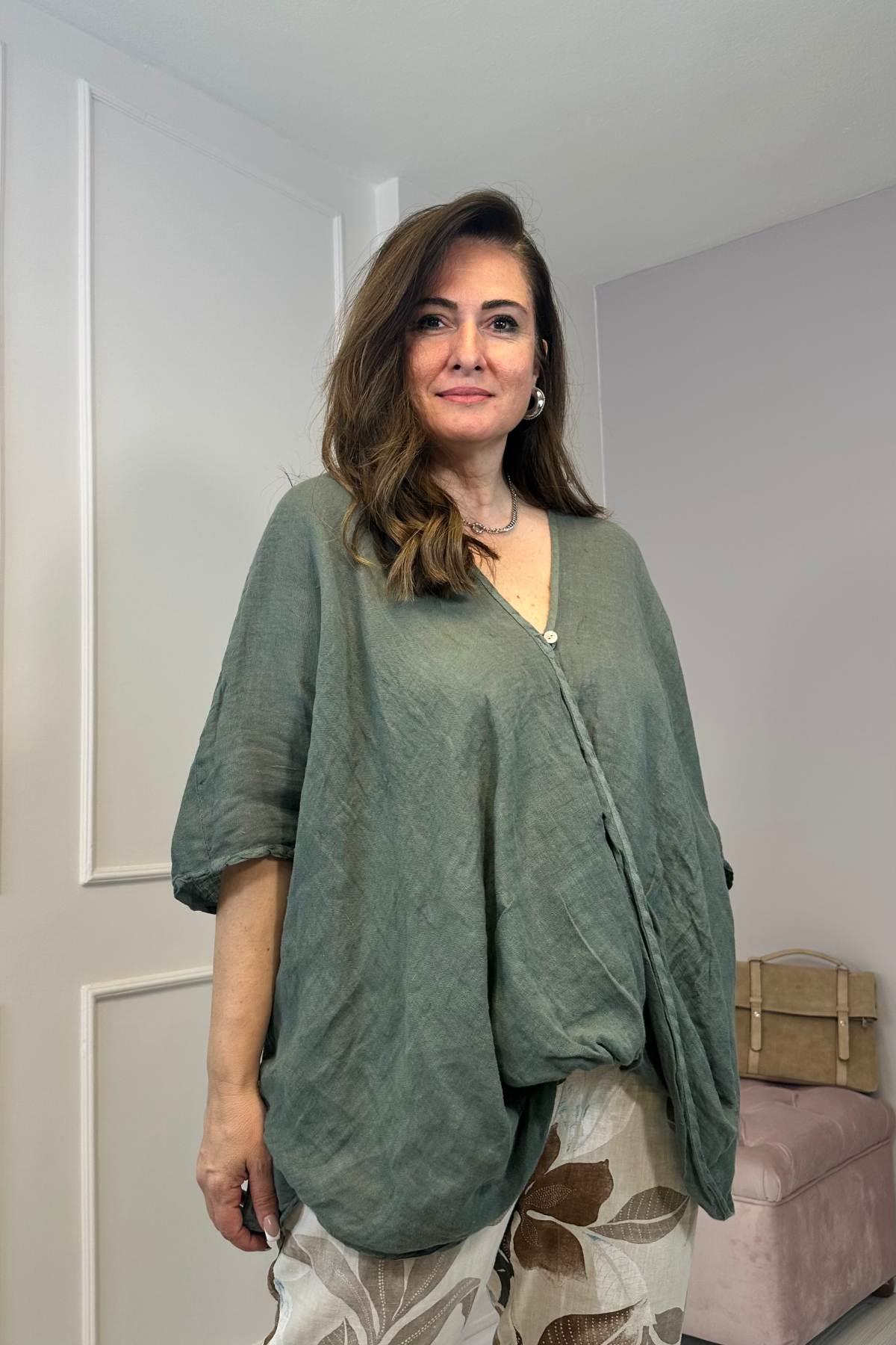 Kruvaze Yaka Keten Bluz Hakiyeşil