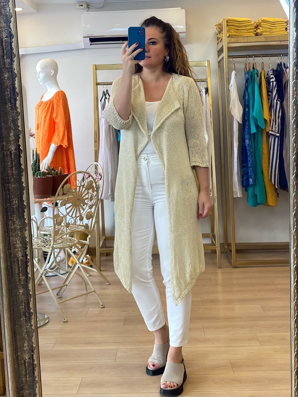 merserize uzun ceket bej