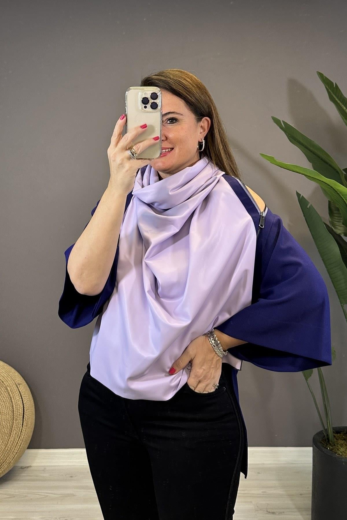 Omuz Fermuar Detaylı Deri Degaje Yaka Bluz Mor