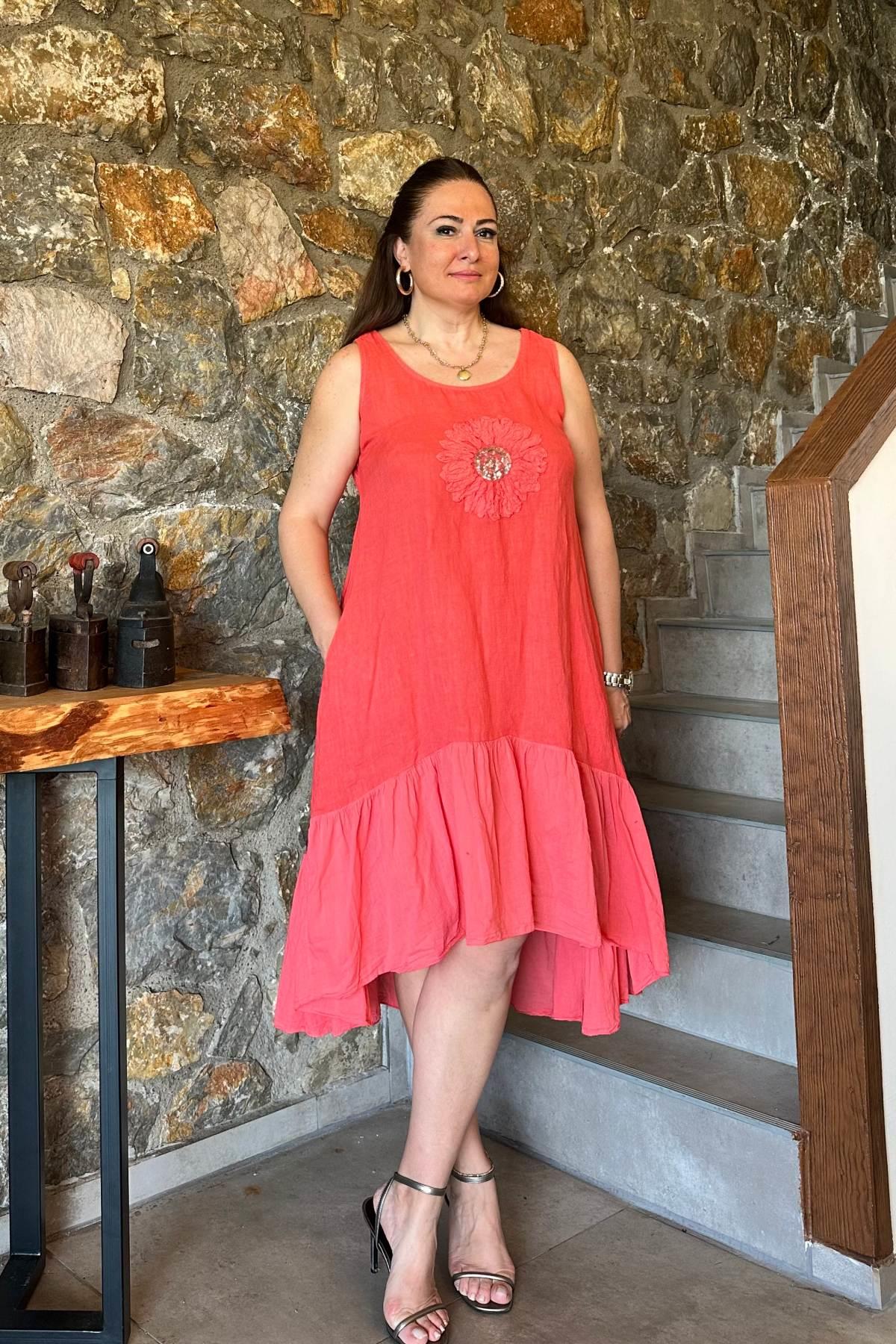 Ön İşleme Detaylı Ön Kısa Arka Uzun Keten Elbise Kırmızı