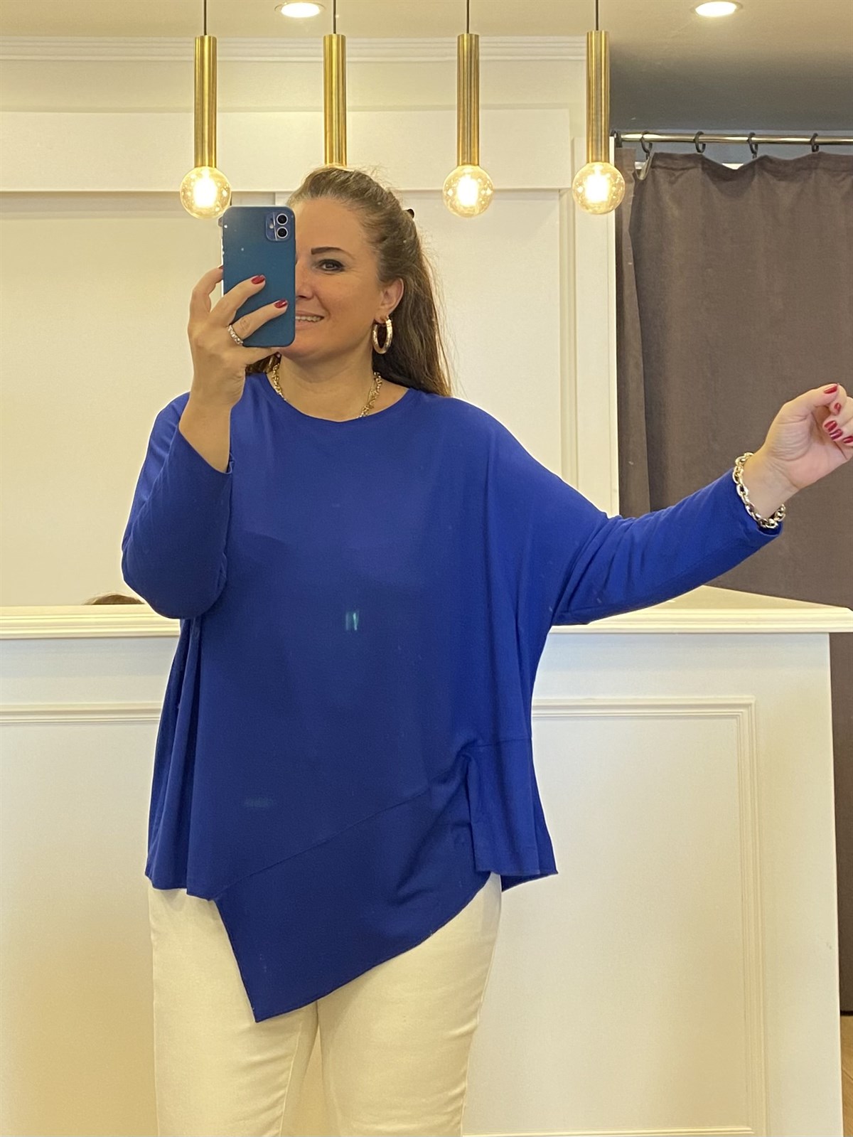 Ön Parçalı Kumaş Detaylı İnce Triko Bluz Saks Mavi