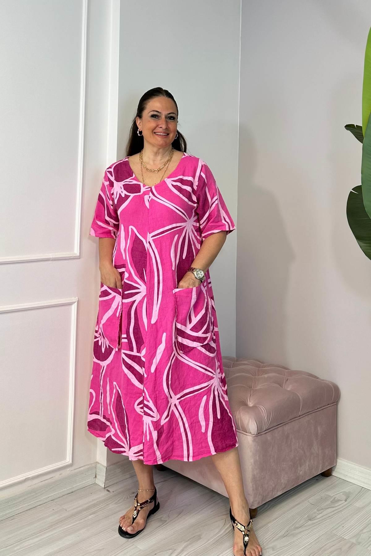 Ön V Yaka Arka V Yaka Cepli Keten Elbise Pembe