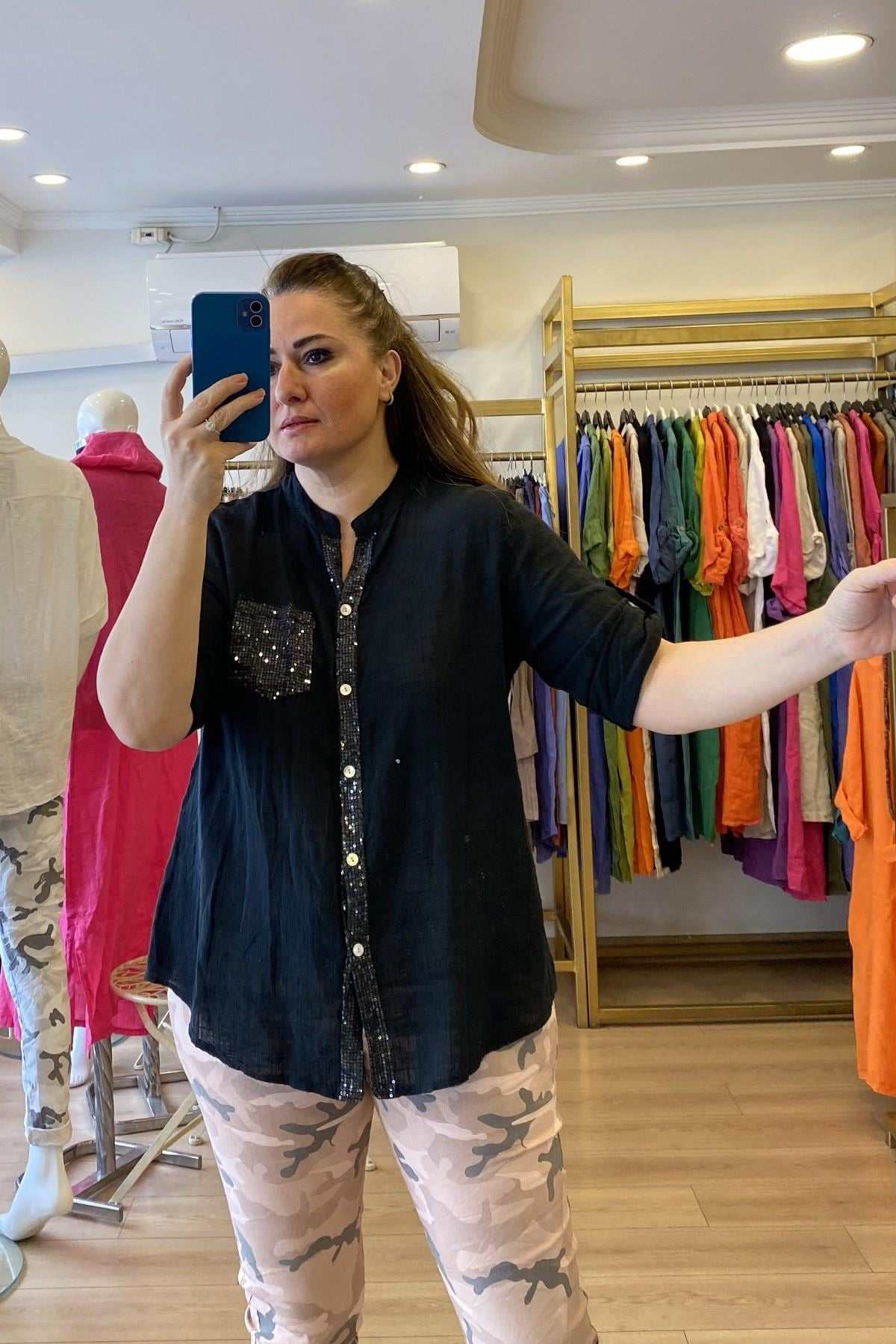 Önden Düğmeli Pul Detaylı Gömlek Siyah