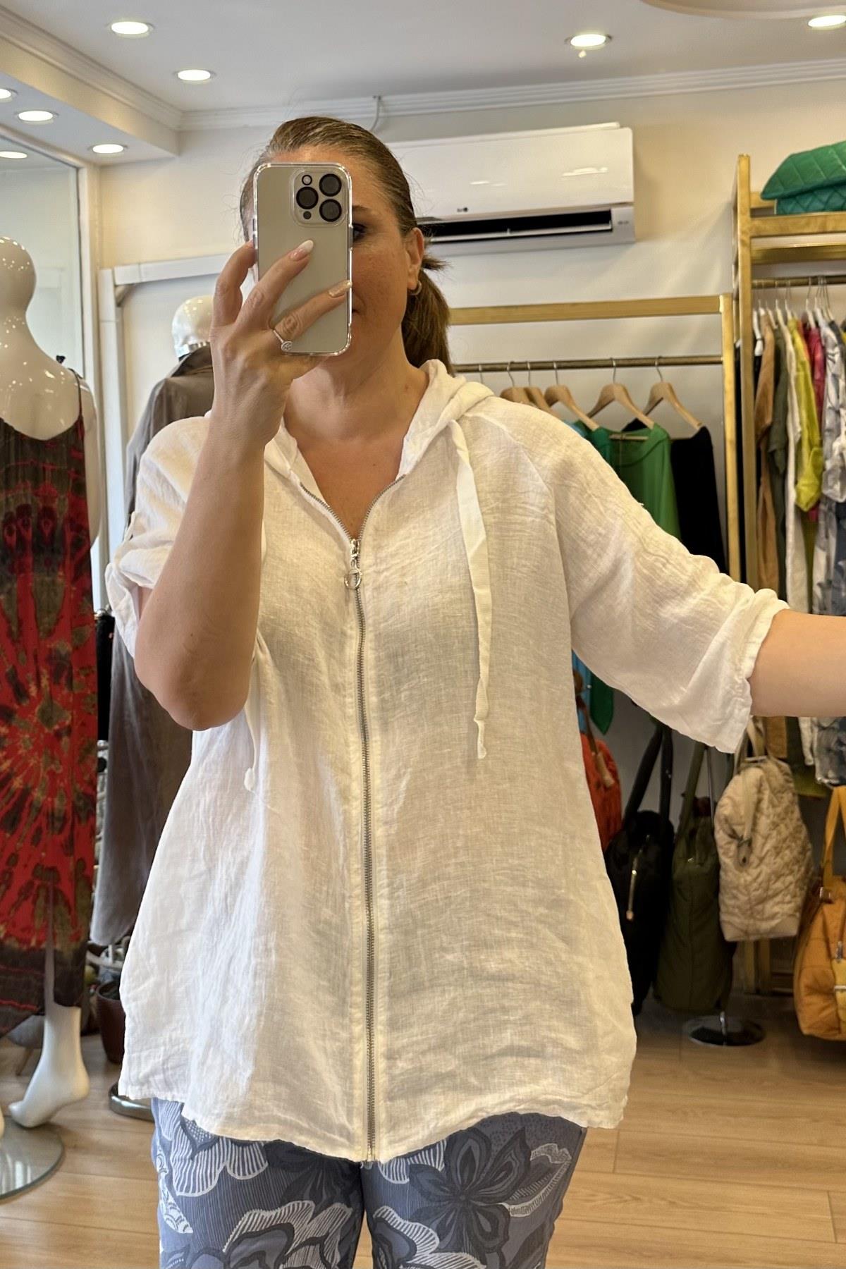 Önden Fermuarlı Kapüşonlu Keten Ceket Beyaz