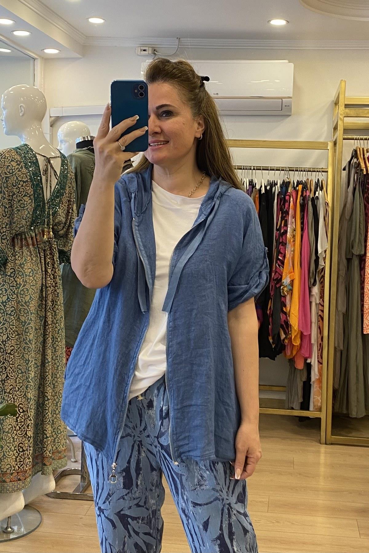 Önden Fermuarlı Kapüşonlu Keten Ceket Mavi