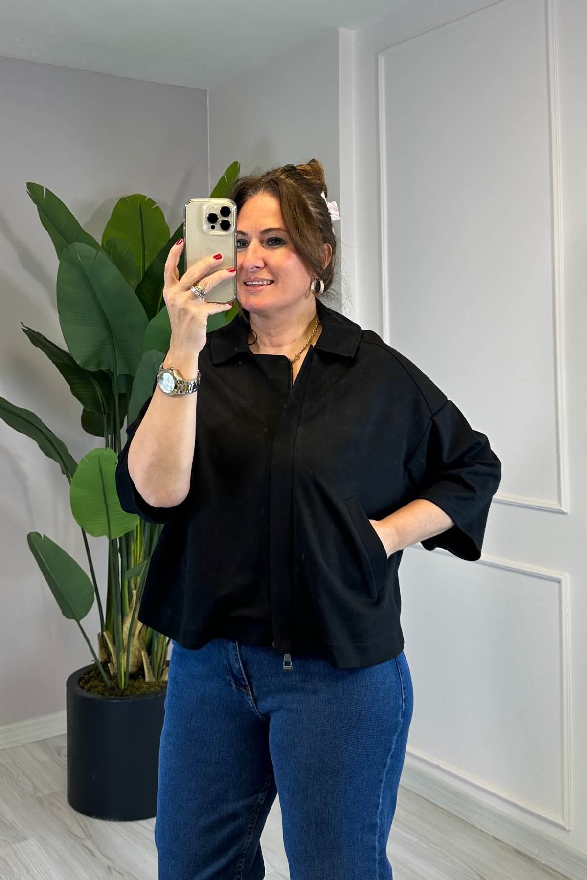 Önden Fermuarlı Kısa Bolero Ceket Siyah