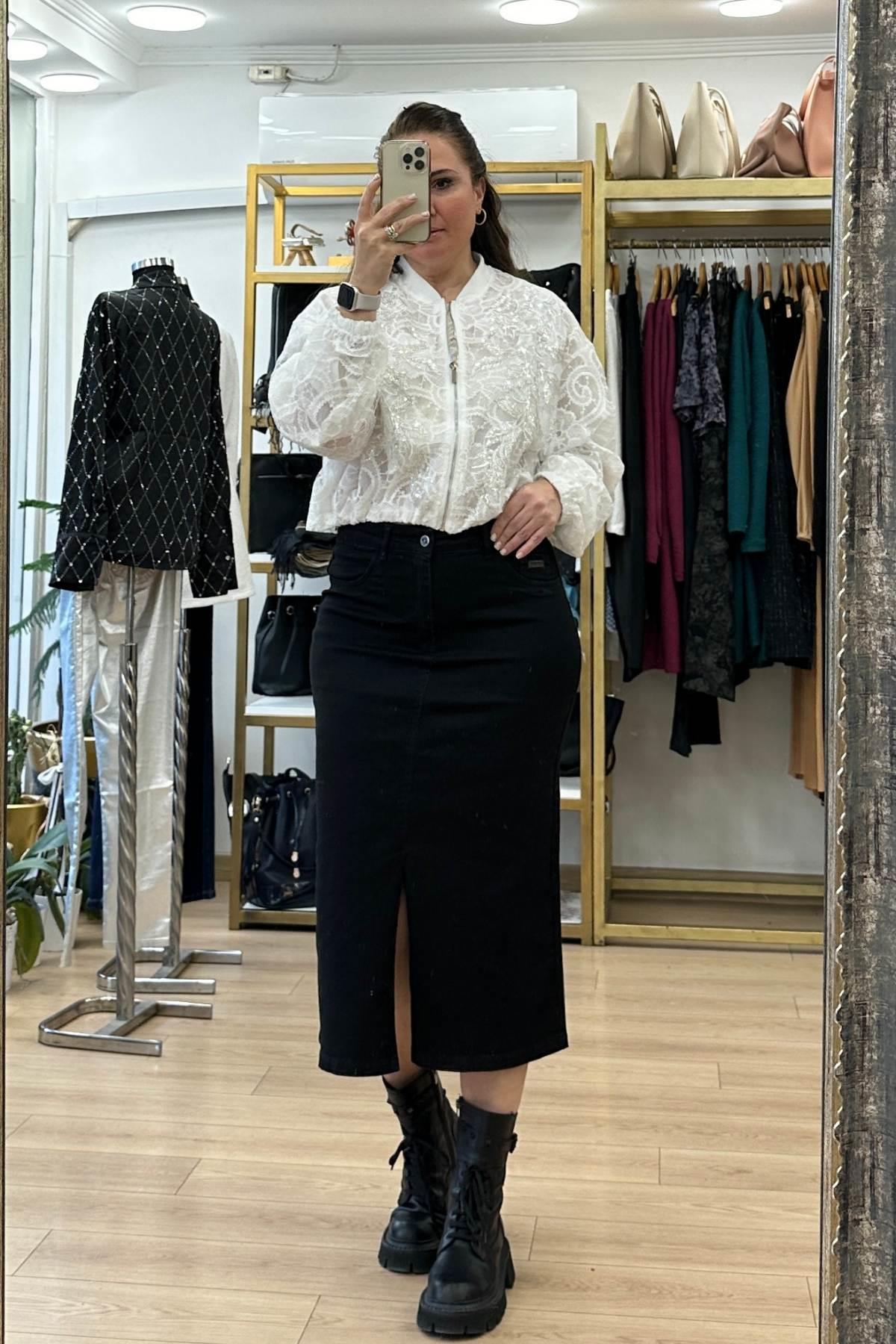 Önden Yırtmaçlı Kot Etek-Siyah