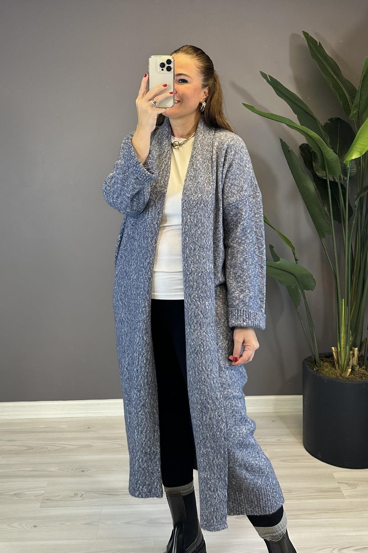 Önü Açık Şal Yaka Hırka İndigo 