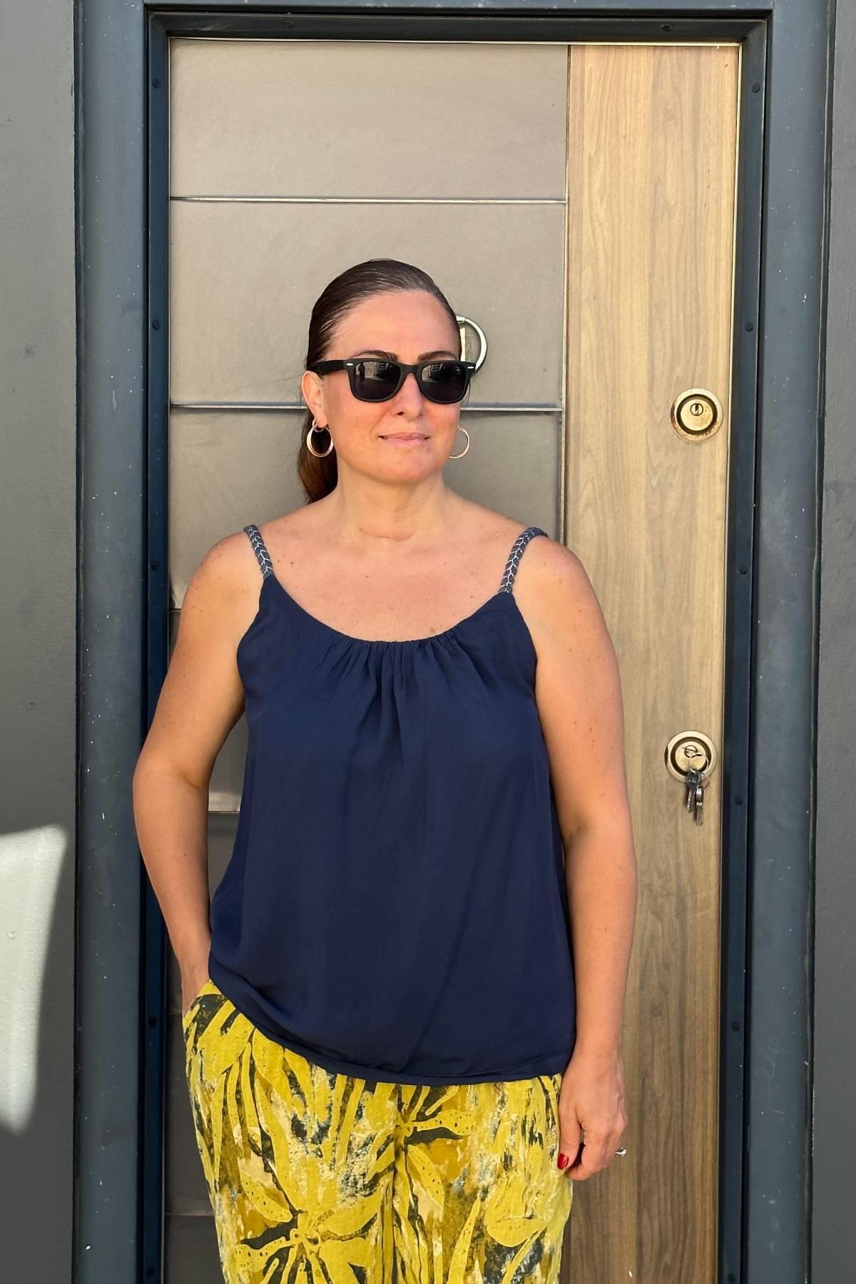 Örgü İp Askılı Bluz Lacivert