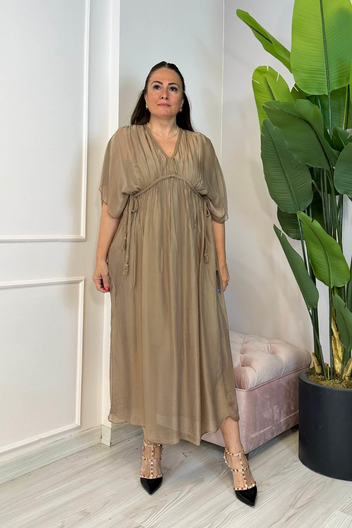 Örgü İp Detaylı İpek Elbise Taş