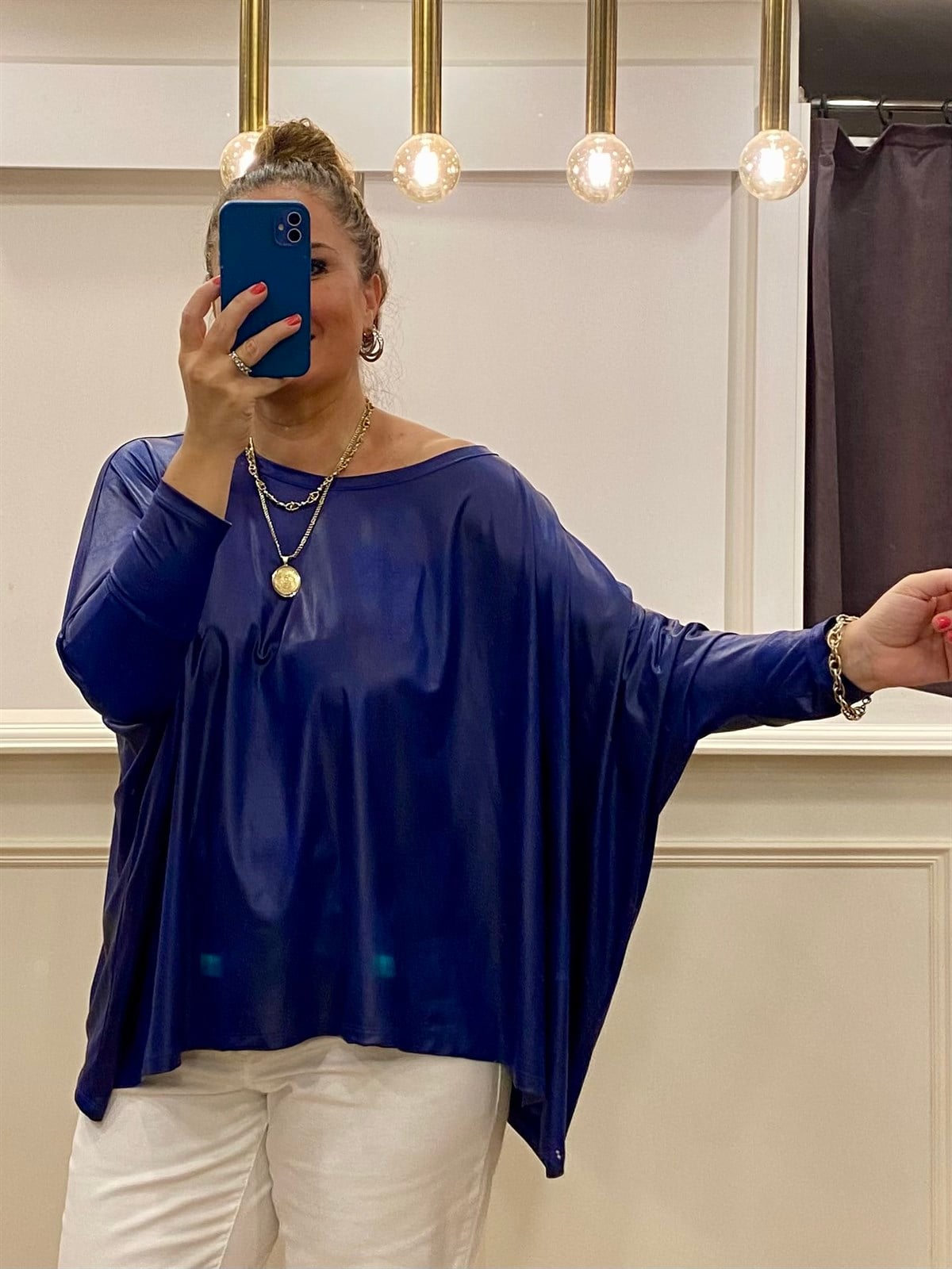 Oversize Düşük Kol Deri Görünümlü Bluz Saks Mavi Rengi