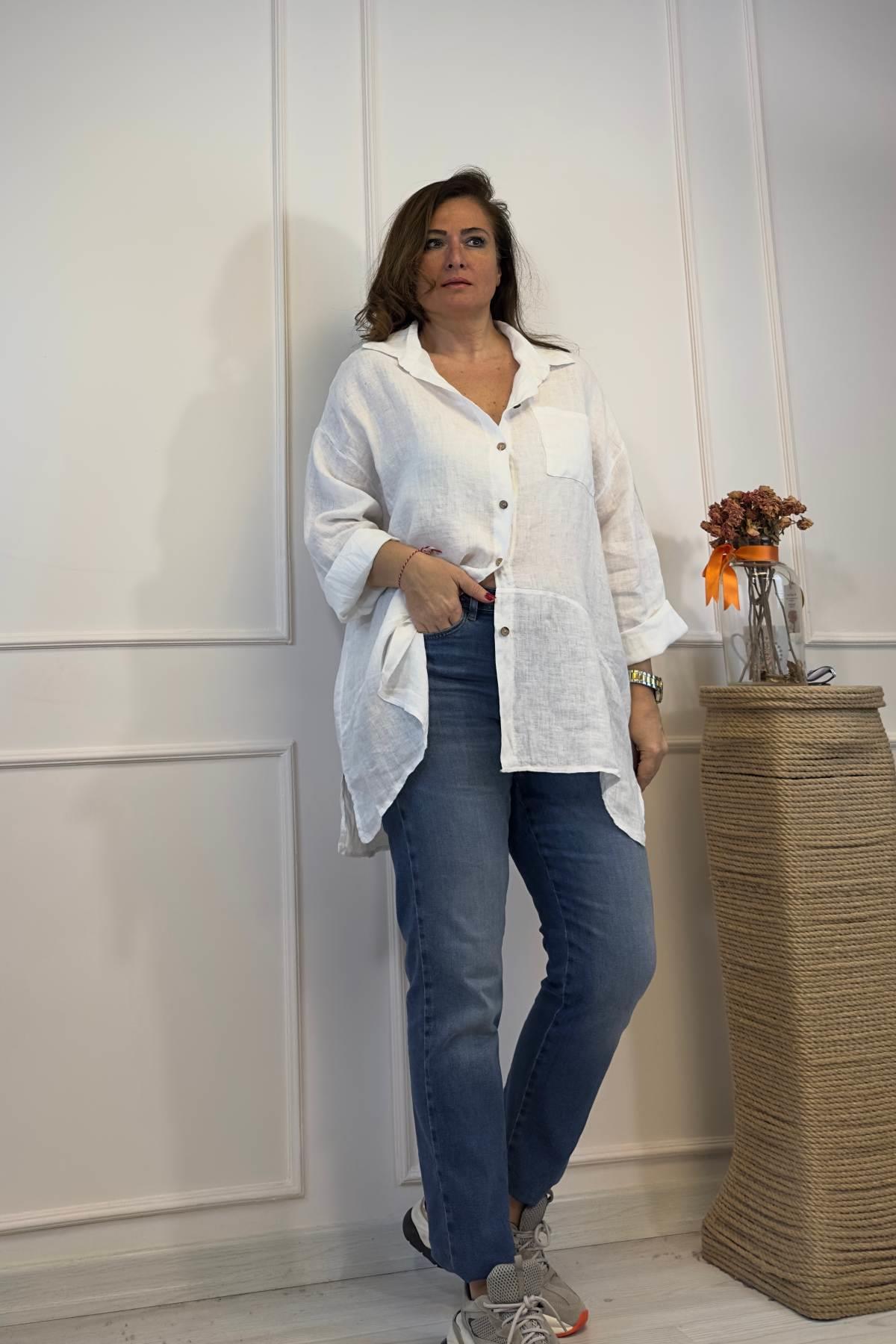 Oversize Ön Dikiş Detaylı Cepli Gömlek Beyaz