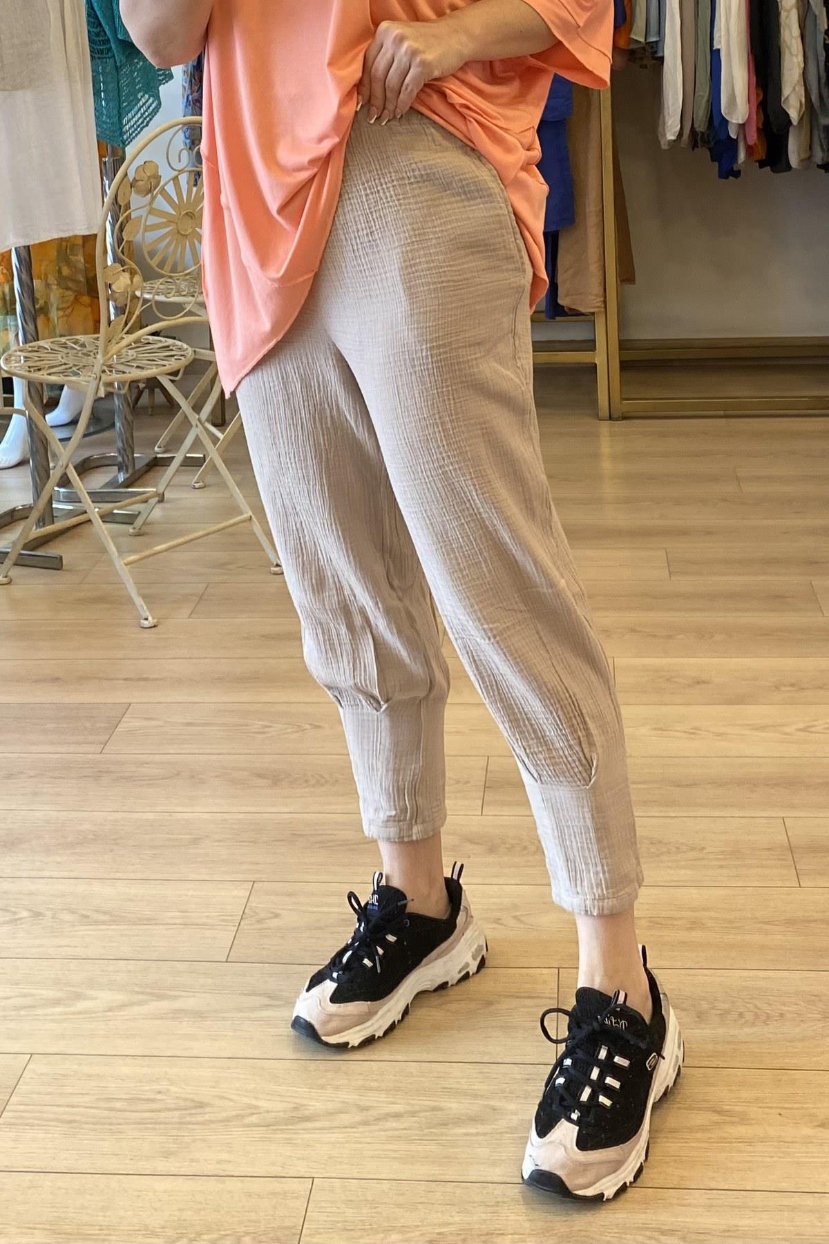 Paça Dikişli Müslin Kumaş Pantolon Bej
