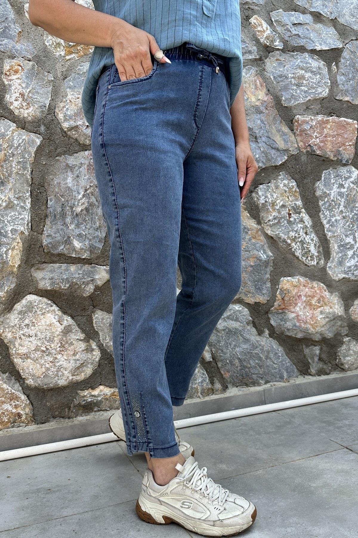 Paça Taş Detaylı Beli Lastikli Kot Pantolon mAVİ