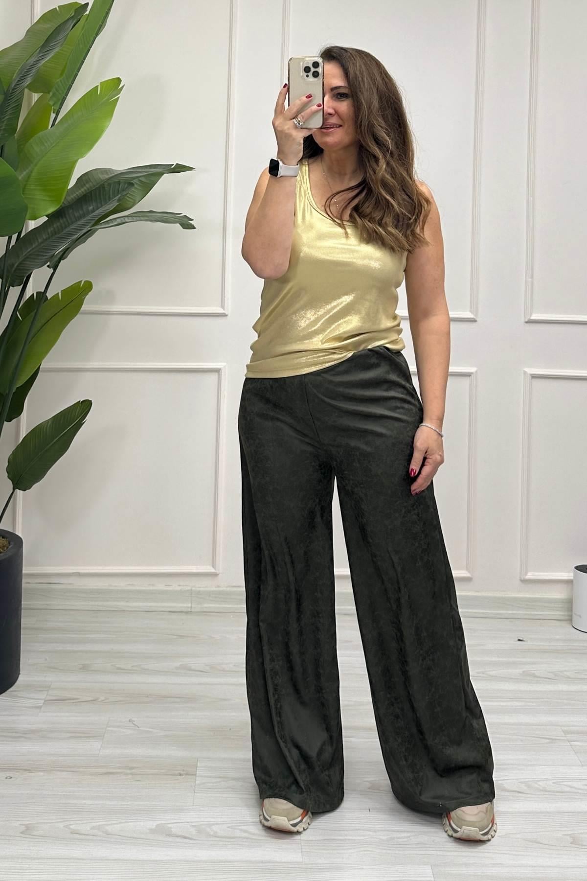 Palazzo Model Yüksek Bel Pantolon Haki Yeşil
