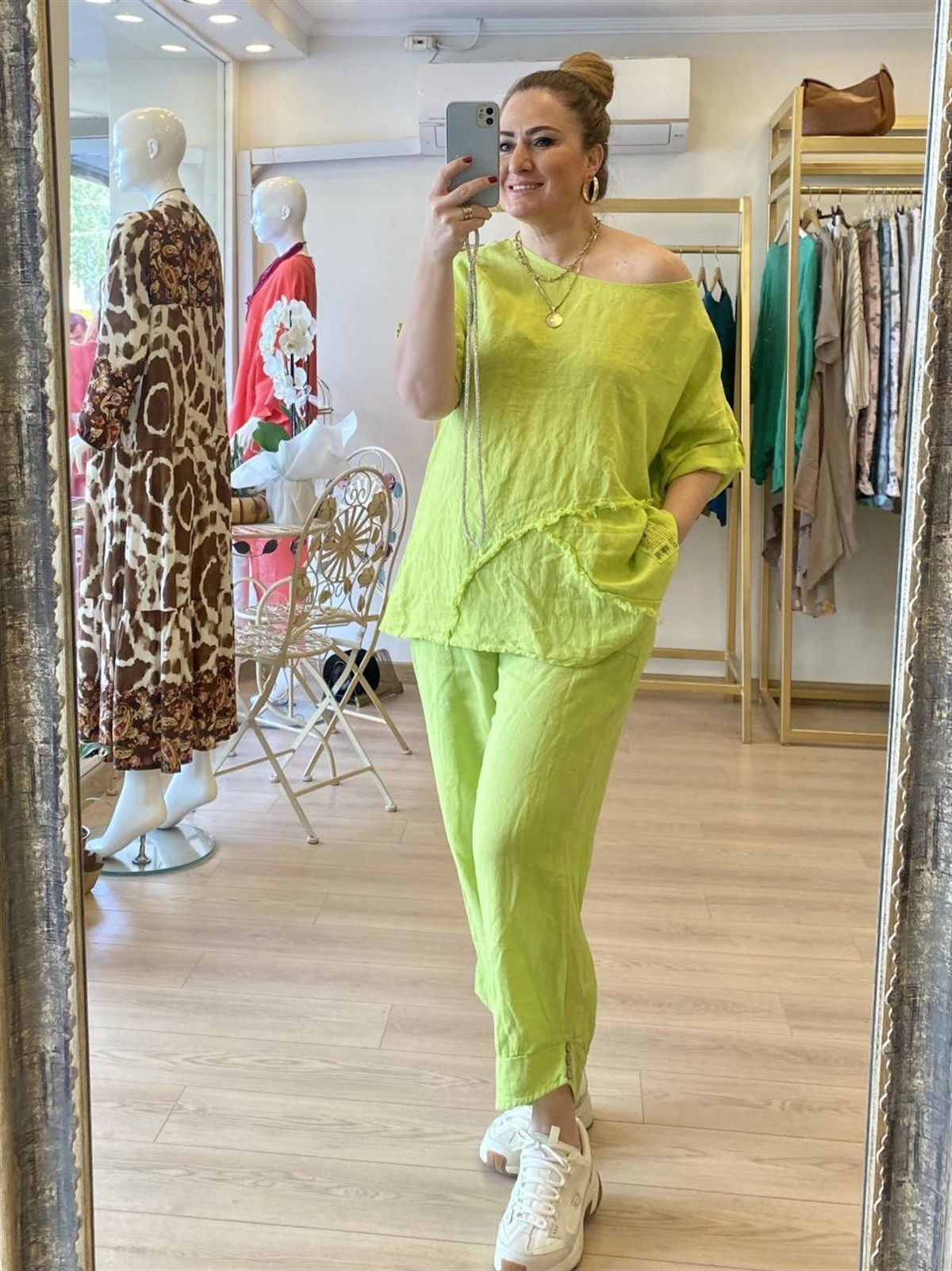 Pantolon Paça Detaylı Keten Takım Neon Yeşil