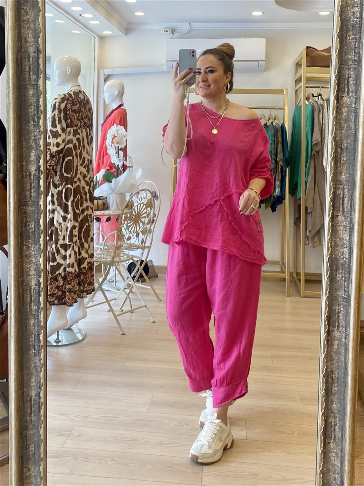 Pantolon  Paça Detaylı Keten Takım Pembe