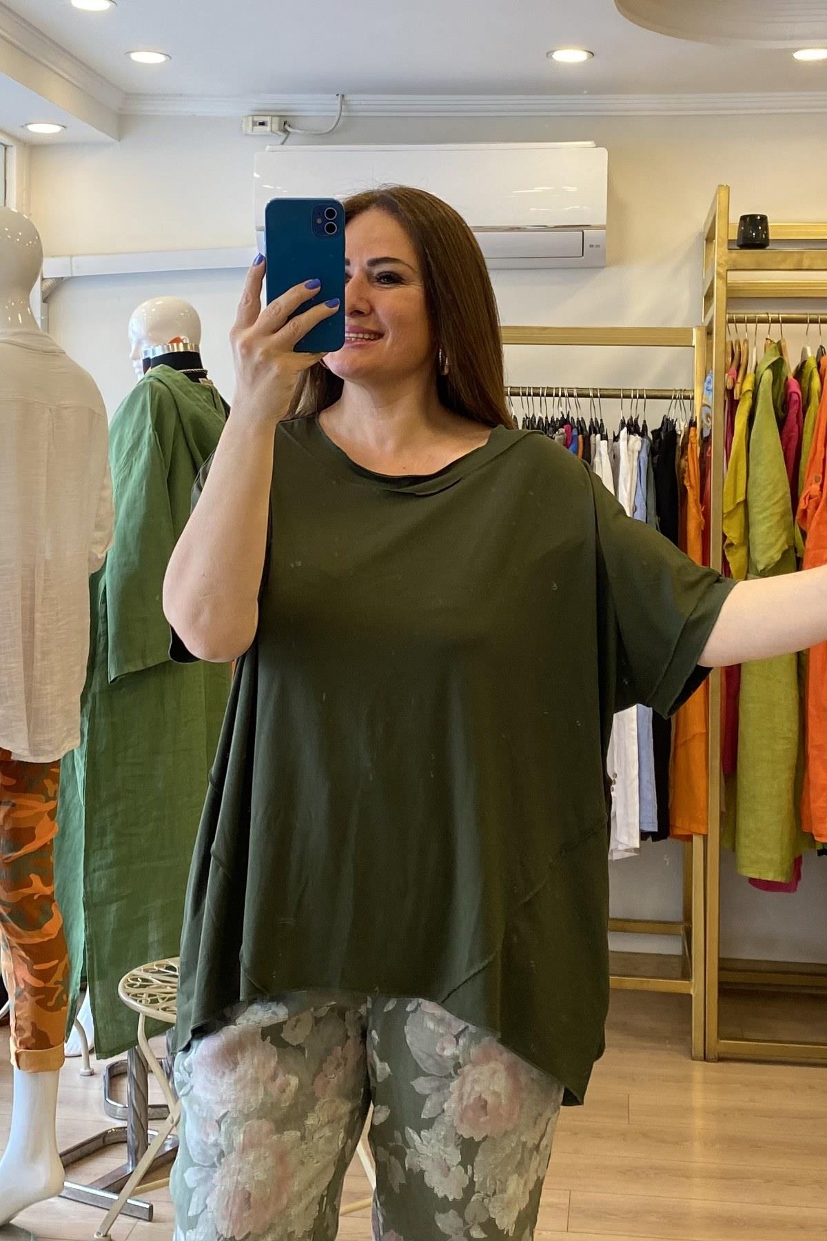 Parçalı Kısa Kol T-shirt Haki Yeşil