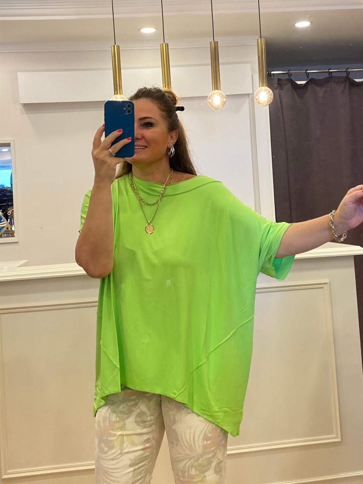 Parçalı Viskon Penye Bluz Düşük  Kol  Neon Yeşil