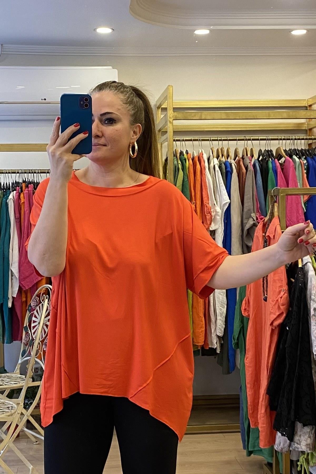 Parçalı Viskon Penye Tshirt Düşük  Kol  Nar Çiçeği