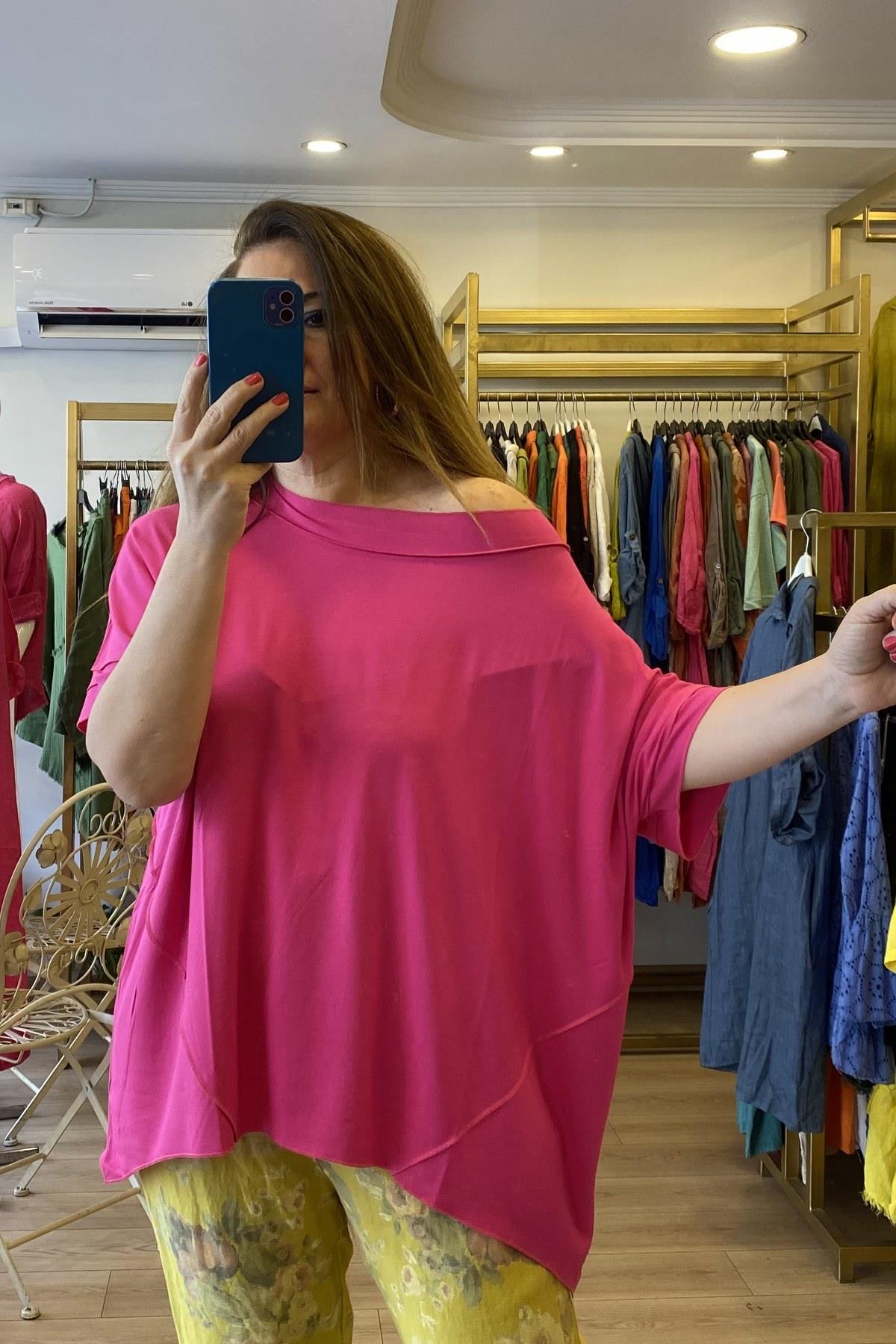 Parçalı Viskon Penye Tshirt Düşük  Kol  Pembe
