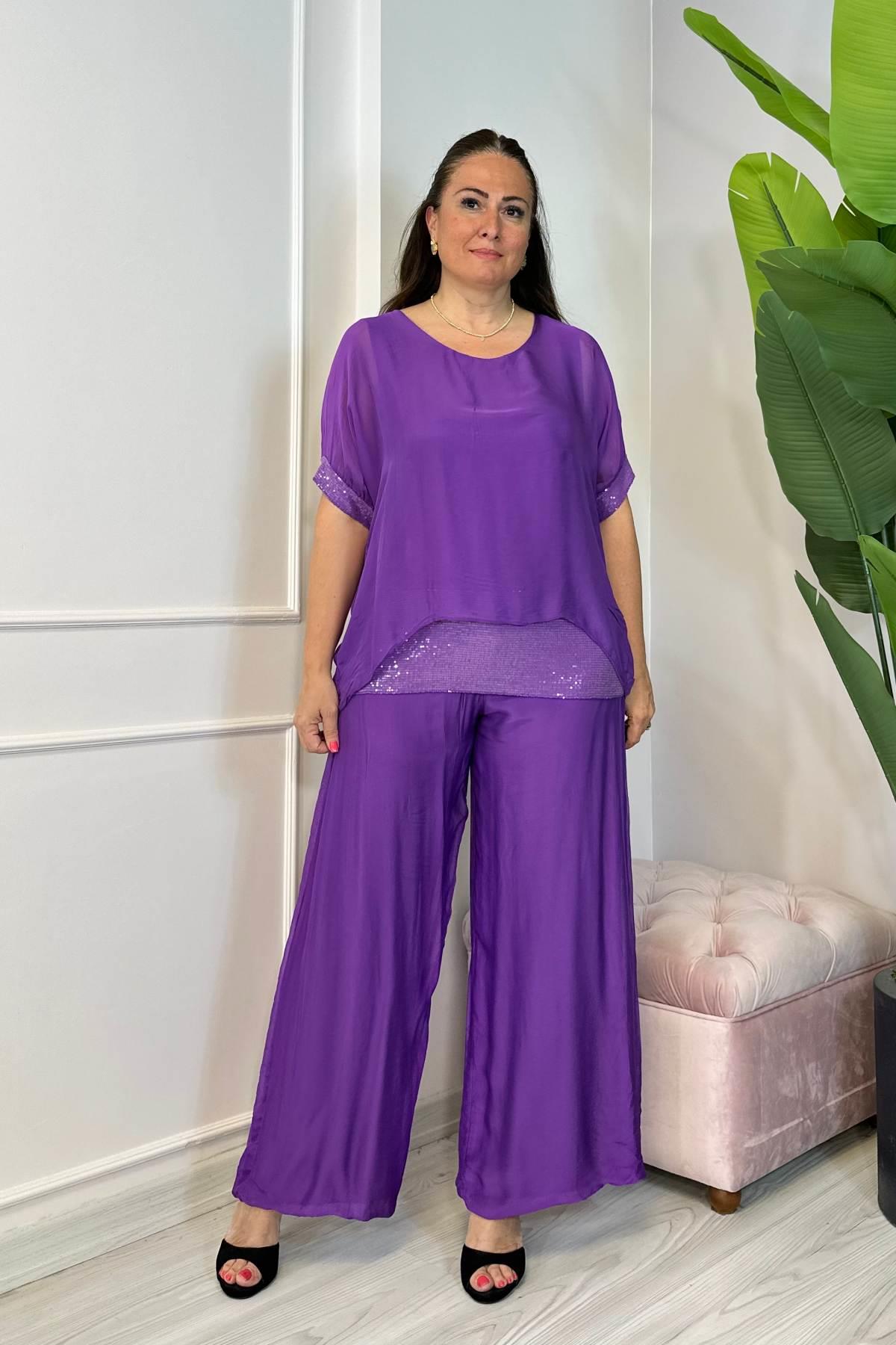 Pul Detaylı İkili İpek Takım Mor 2161