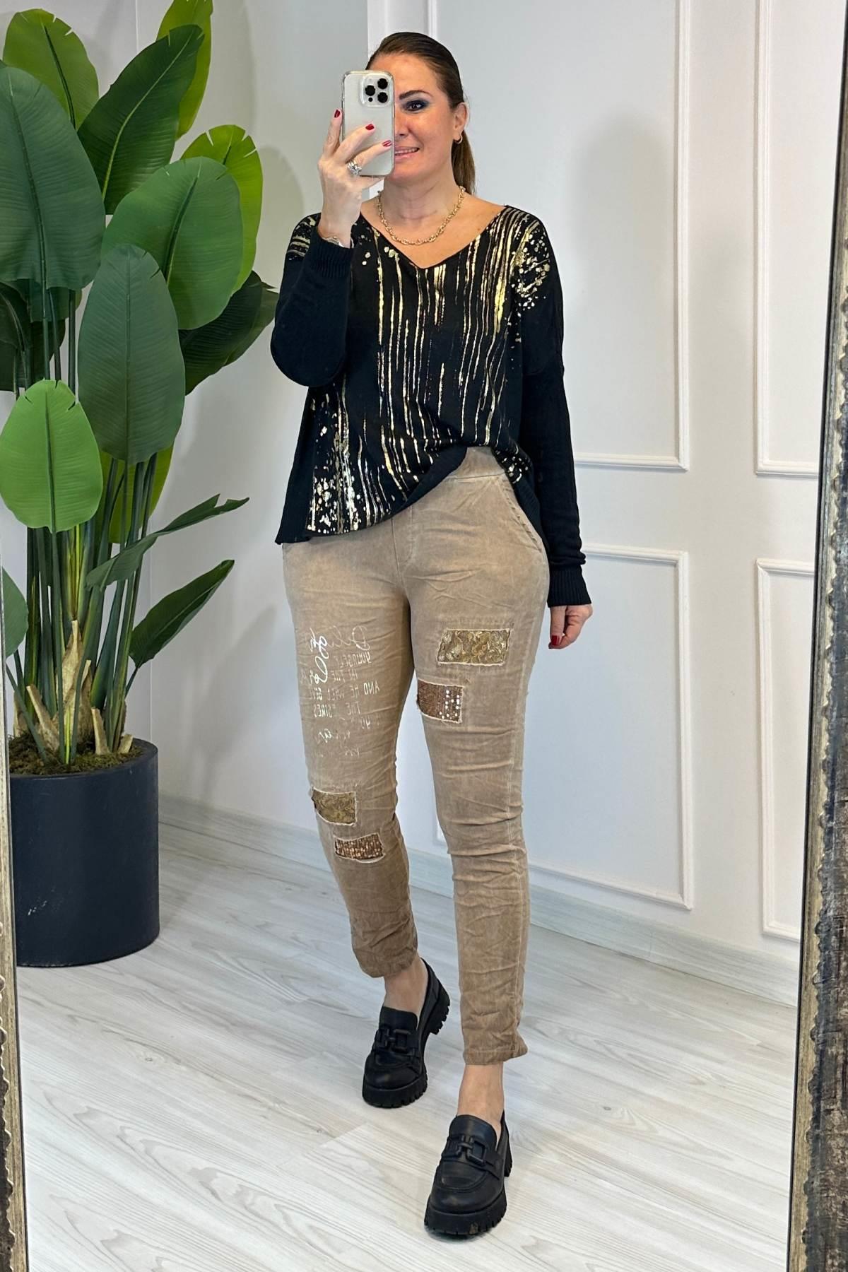 Pul Ve Yazı Detaylı Pantolon Kahverengi 