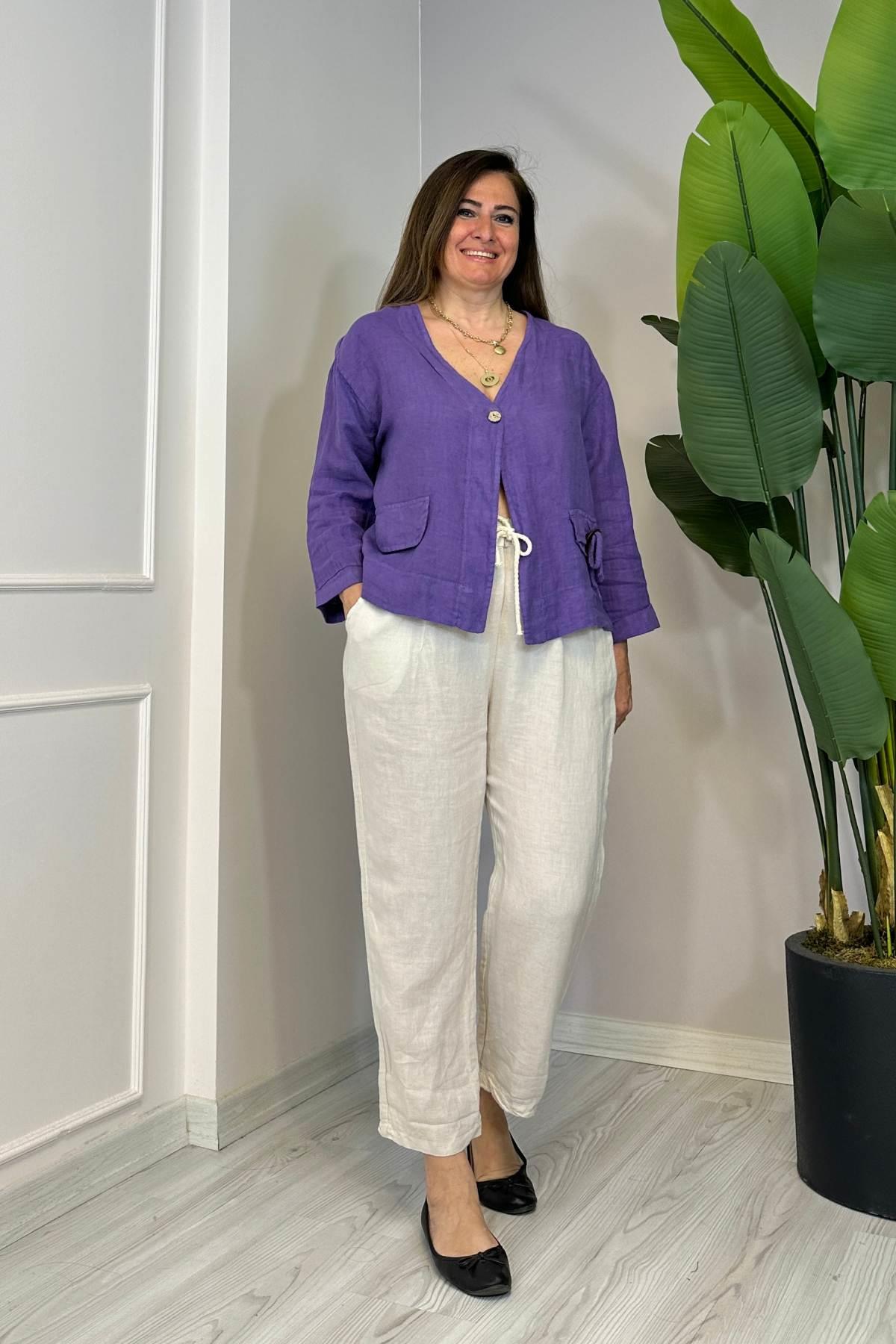 Püskül Detaylı Tek Düğmeli Ceket Mor