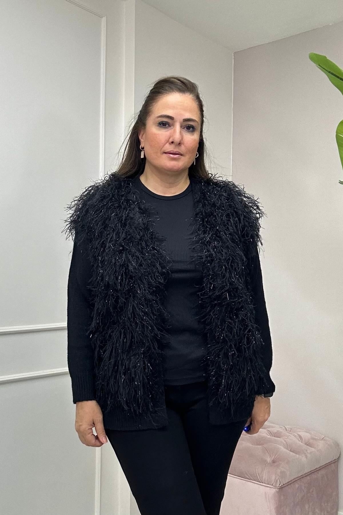 Püskül Parlak İp Detaylı Triko Ceket Siyah